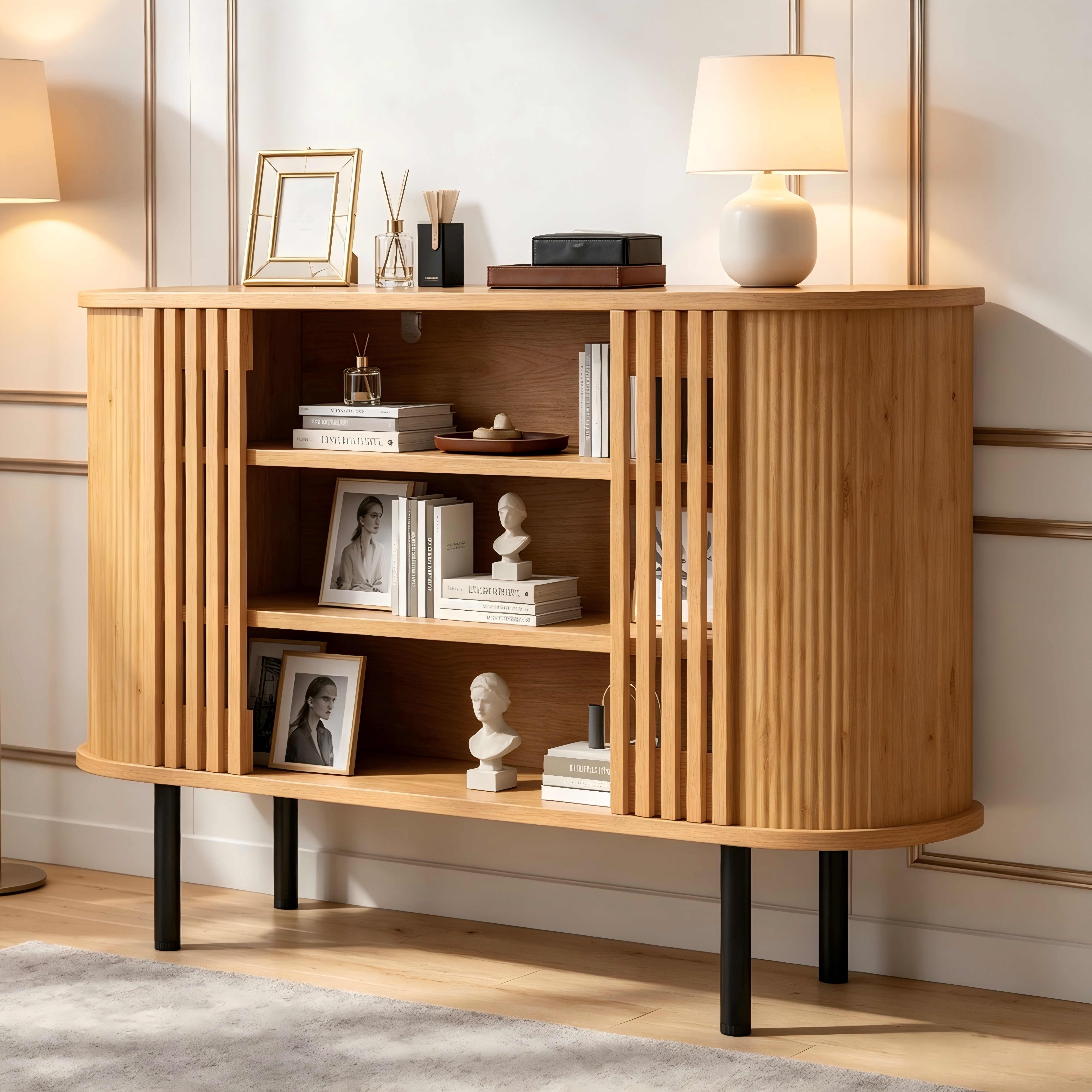 Merax Sideboard mit 3 offenen Fächern & 4 verstellbare Metallbeine, Anrichte Buffet (Wohnzimmerschrank Esszimmerschrank Buffetschrank, 1 St), Kommode mit vertikalen Streifen und abgerundeten Ecken, 120x40x80cm