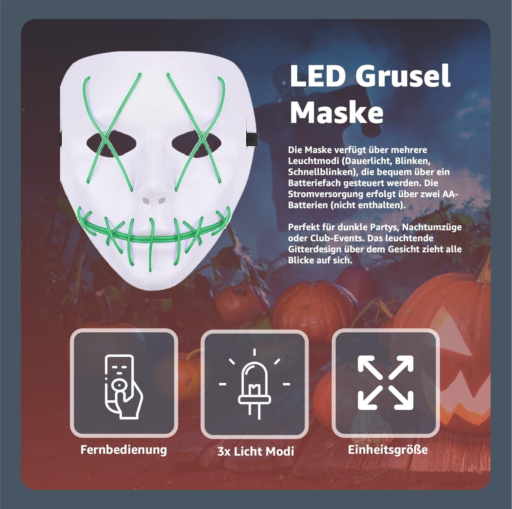 TK Gruppe Verkleidungsmaske LED Horror Maske inspiriert von Purge – mit 3 Leuchtmodi, (Packung), Steubar - drei Lichteffekten