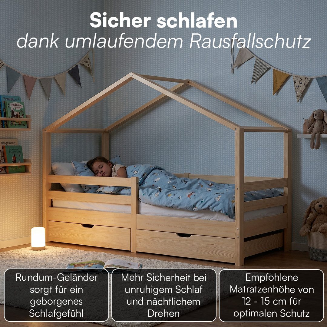 Bellabino Hausbett Abia Kinderbett mit Lattenrost und Rausfallschutz (natur, mit zwei Schubladen), Kinderbett 90x200 cm, verfügbar in verschiedenen Ausführungen – Bild 3 von 5