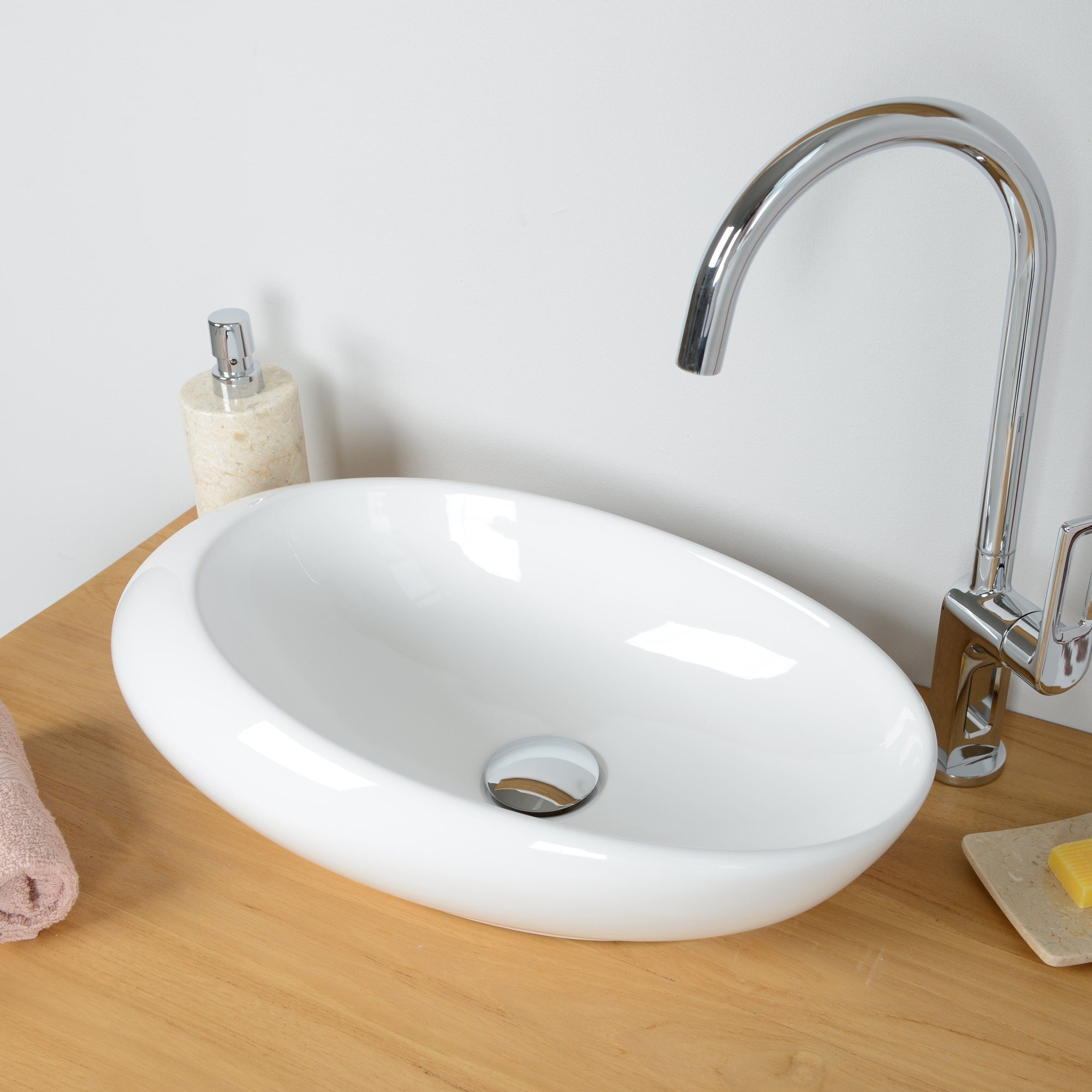 wohnfreuden Aufsatzwaschbecken Keramik Aufsatzwaschbecken 50 cm oval weiß (Kein Set), NEW-5754