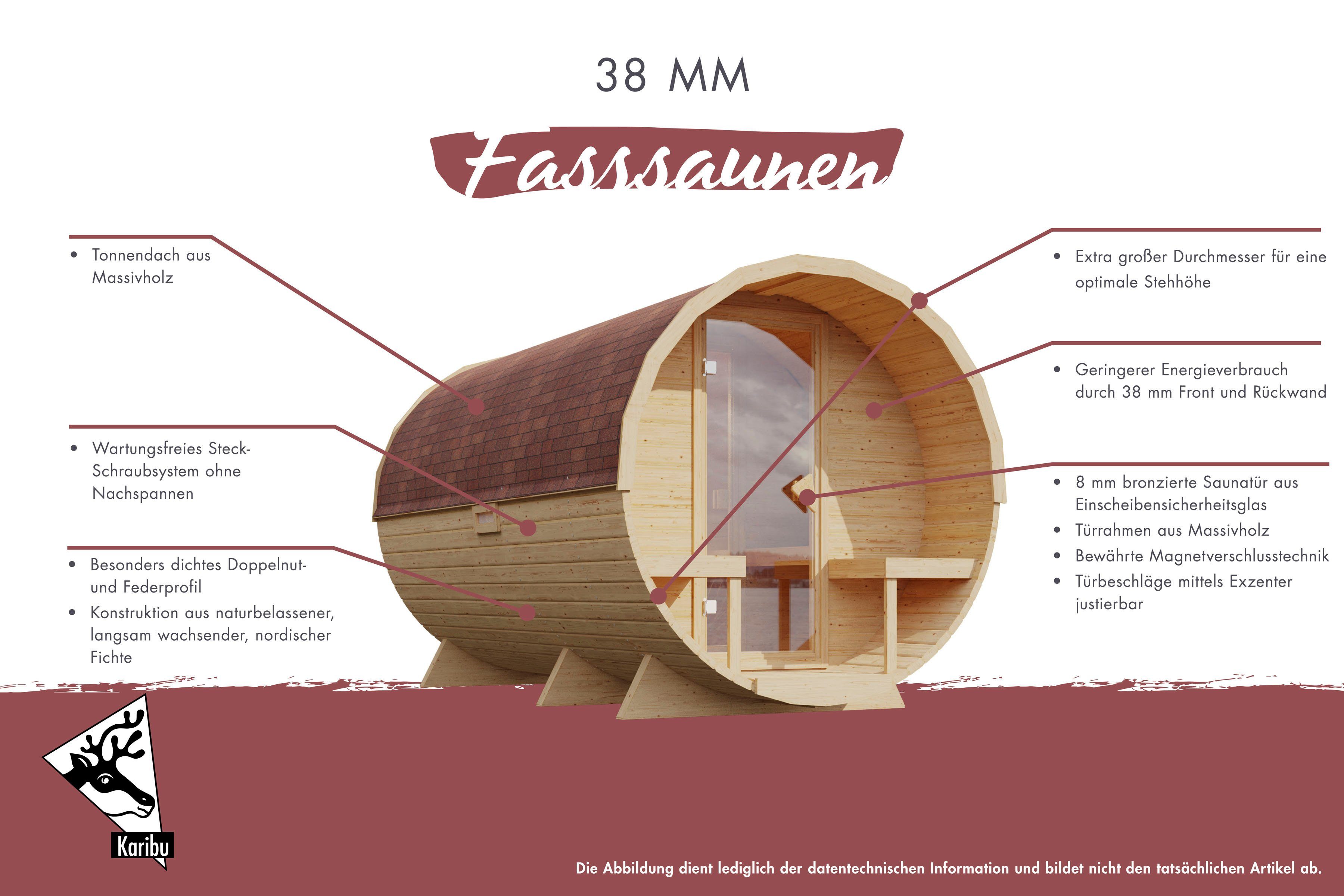 Karibu Fasssauna naturbelassen, BxTxH: 225 x 295 x 229 cm, 38 mm, aus hochwertiger nordischer Fichte