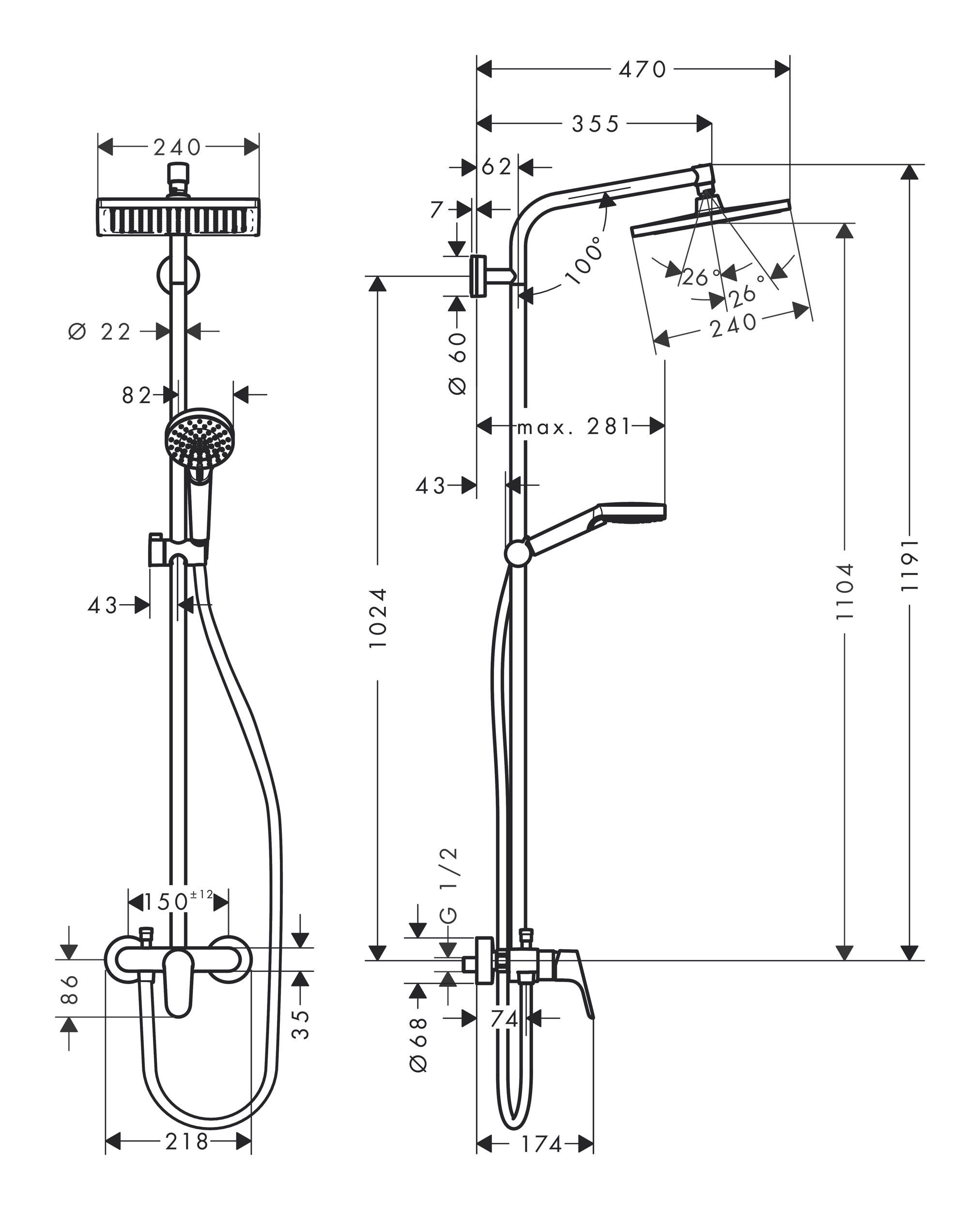 cm, 1jet - 119.1 Höhe E Einhebelmischer Showerpipe, 240 Duschsystem Crometta Chrom hansgrohe mit