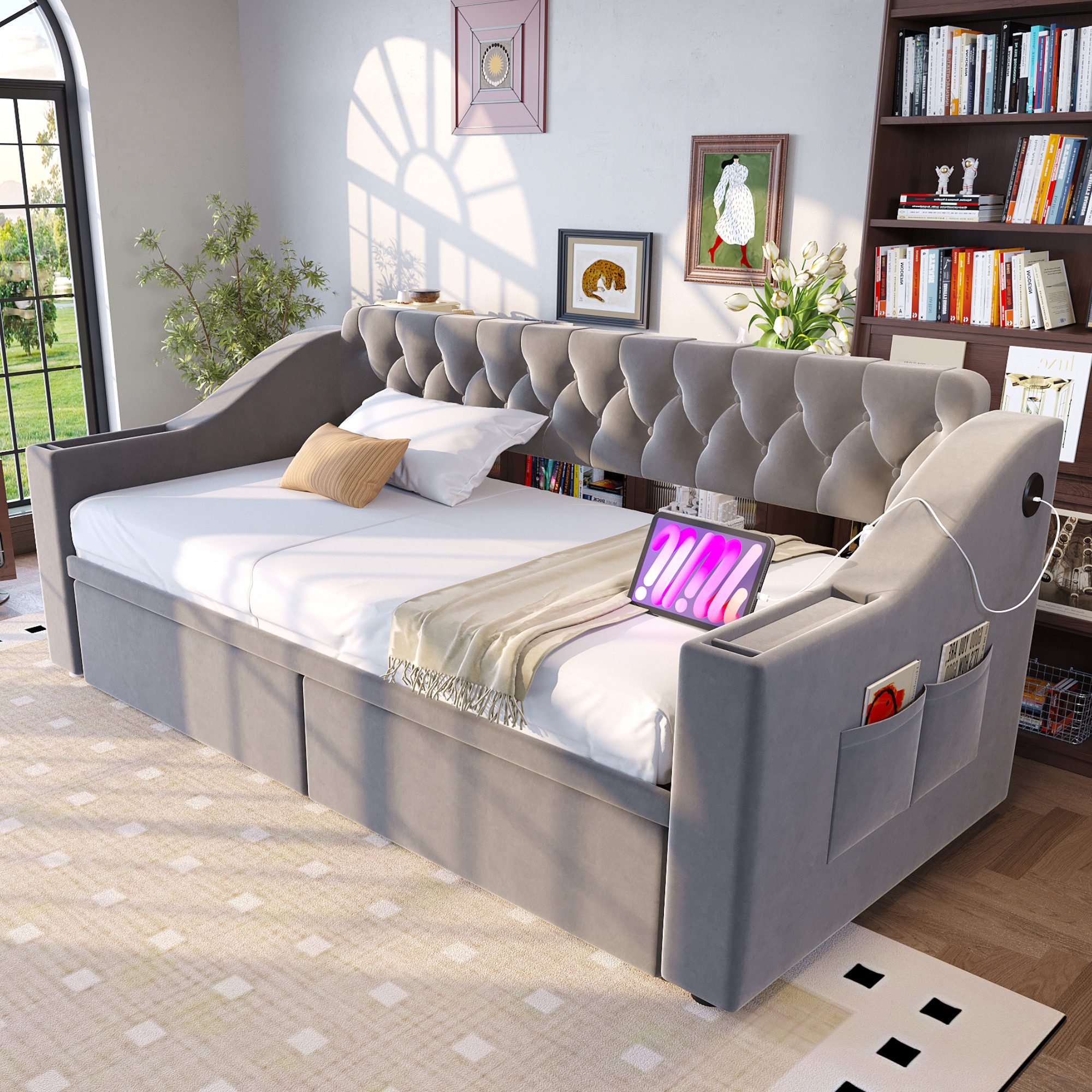 Odikalo Schlafsofa Schlafcouch 90x190 mit Lattenrost & USB, Polsterbett Schlafsofa, 90/180*190 cm, Breitere und Dickere Armlehnen mit USB-Ladeanschluss, Integrierte Ablage in den Armlehnen, Mit Ablagetaschen, Mit Lattenrost, Samtstoff, Grau / Beige