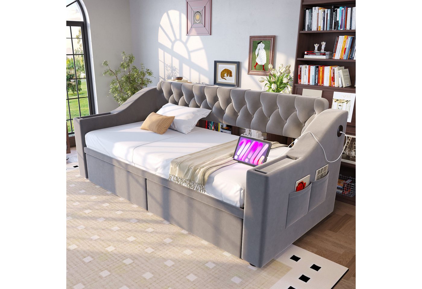 Odikalo Schlafsofa Schlafcouch 90x190 mit Lattenrost & USB Ohne Matratze, Polsterbett Schlafsofa, 90/180*190 cm, Breitere und Dickere Armlehnen mit USB-Ladeanschluss, Integrierte Ablage in den Armlehnen, Mit Ablagetaschen, Mit Lattenrost, Samtstoff, Grau