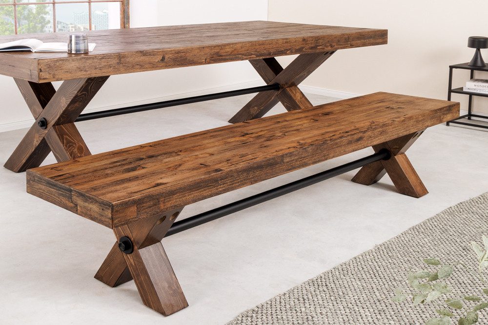 riess-ambiente Sitzbank GOLIATH 180cm natur – Pinienholz-Platte, X-Gestell, Metall-Strebe (Einzelartikel, 1-St), stabile Holzbank im Industrial-Stil – ideal für Essbereich oder Flur