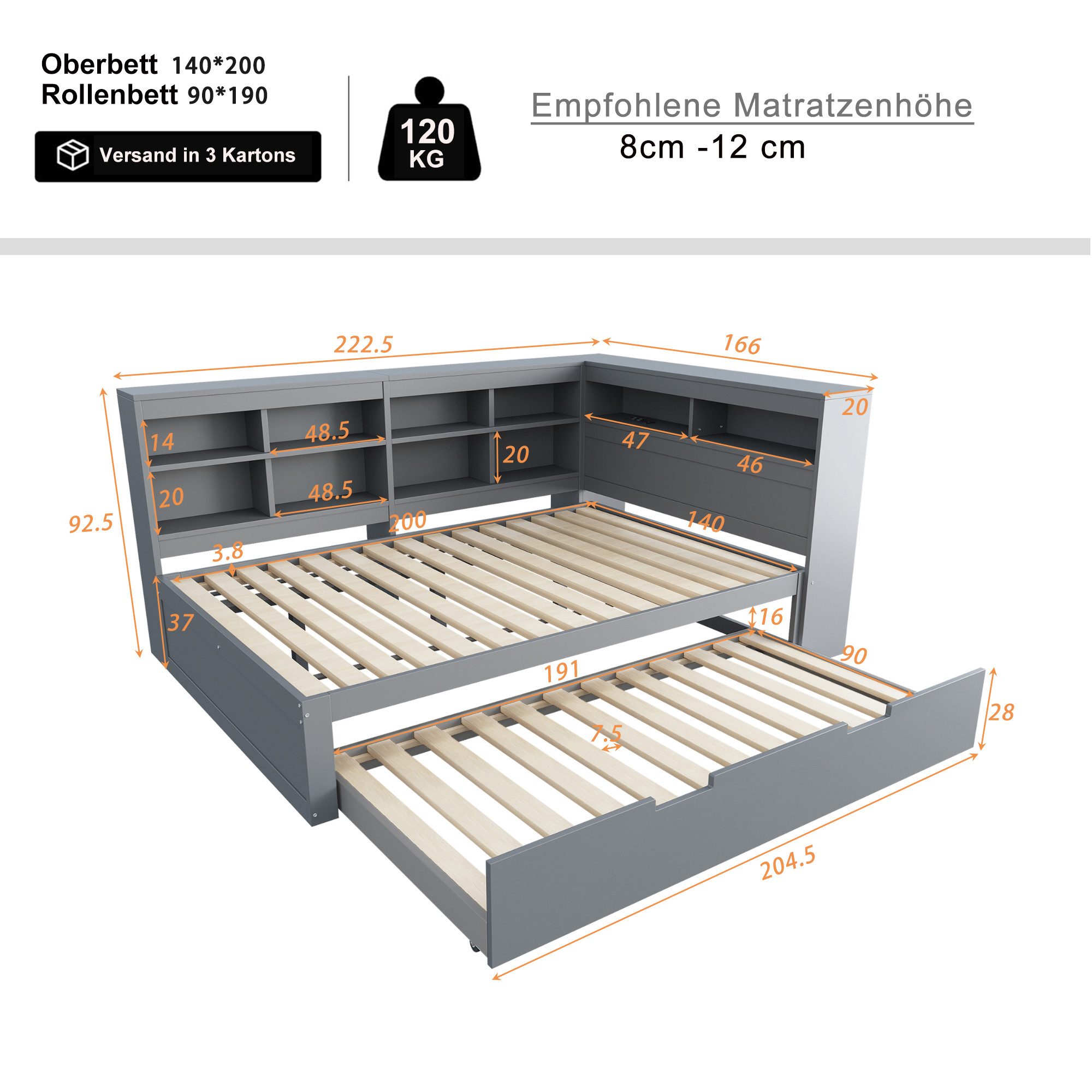 Flieks Massivholzbett, Doppelbett 140x200cm mit Stauraum, USB-Aufladen und günstig online kaufen