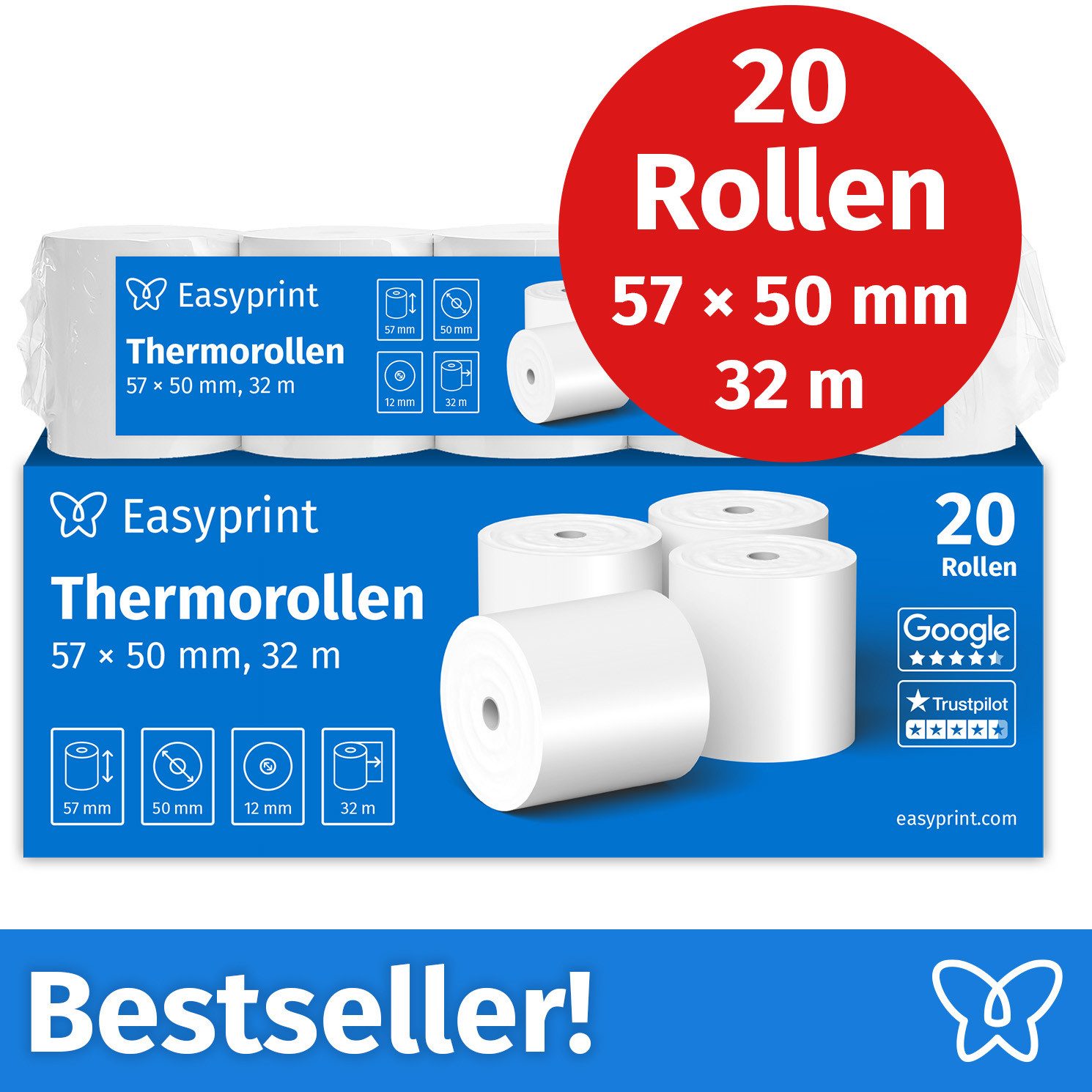 Easyprint Endlospapier Thermorollen, 57 x 50 x 12mm, 32m, PEFC, Für EPSON, IBM, u.v.m., PEFC-Zertifikat (GFA-PEFC-COC-500582)