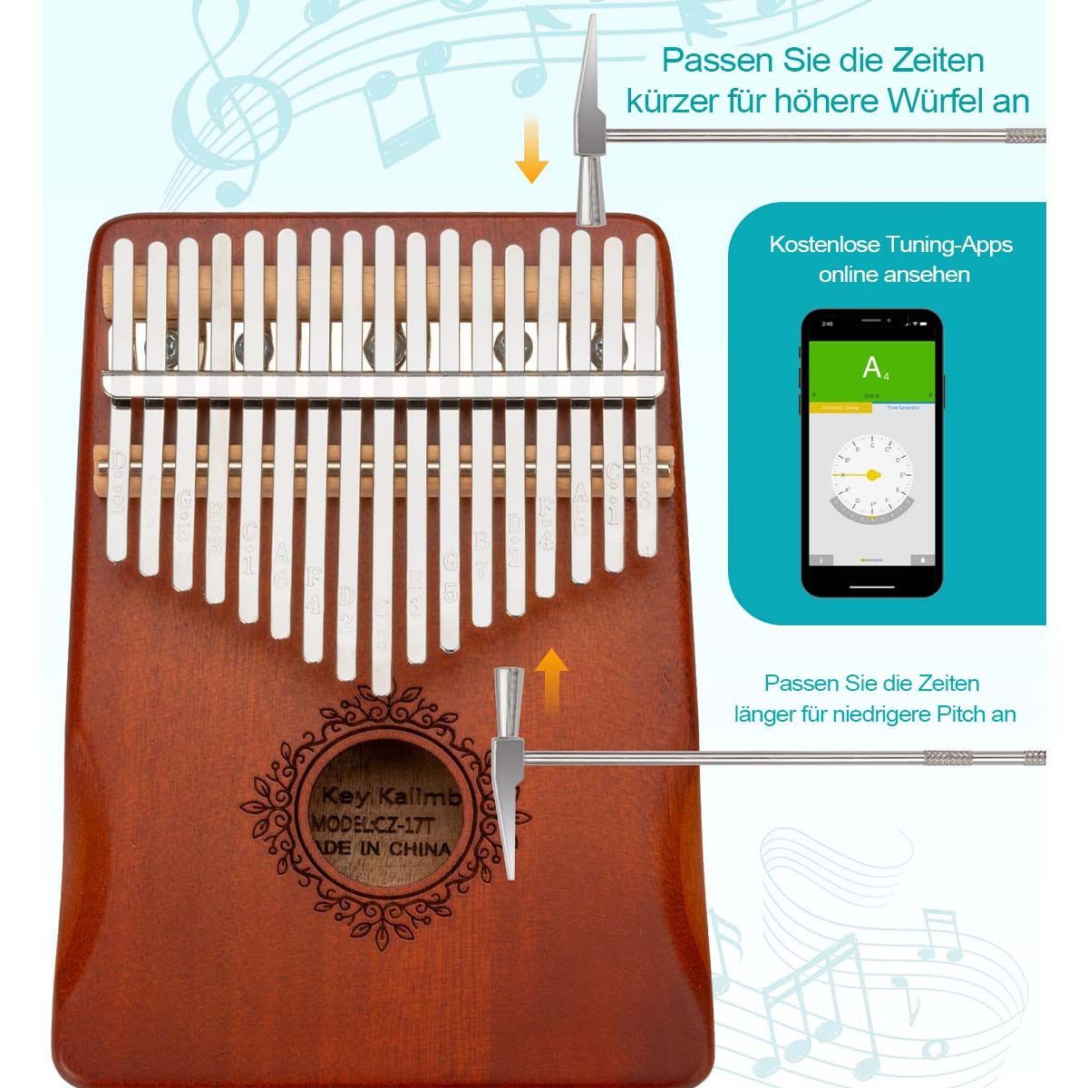 AURIVION Kalimba Schlagzeug Kalimba 17 Schlüssel,Set, 1-St., Stimmhammer & Lernwerkzeuge, Daumenklavier inkl