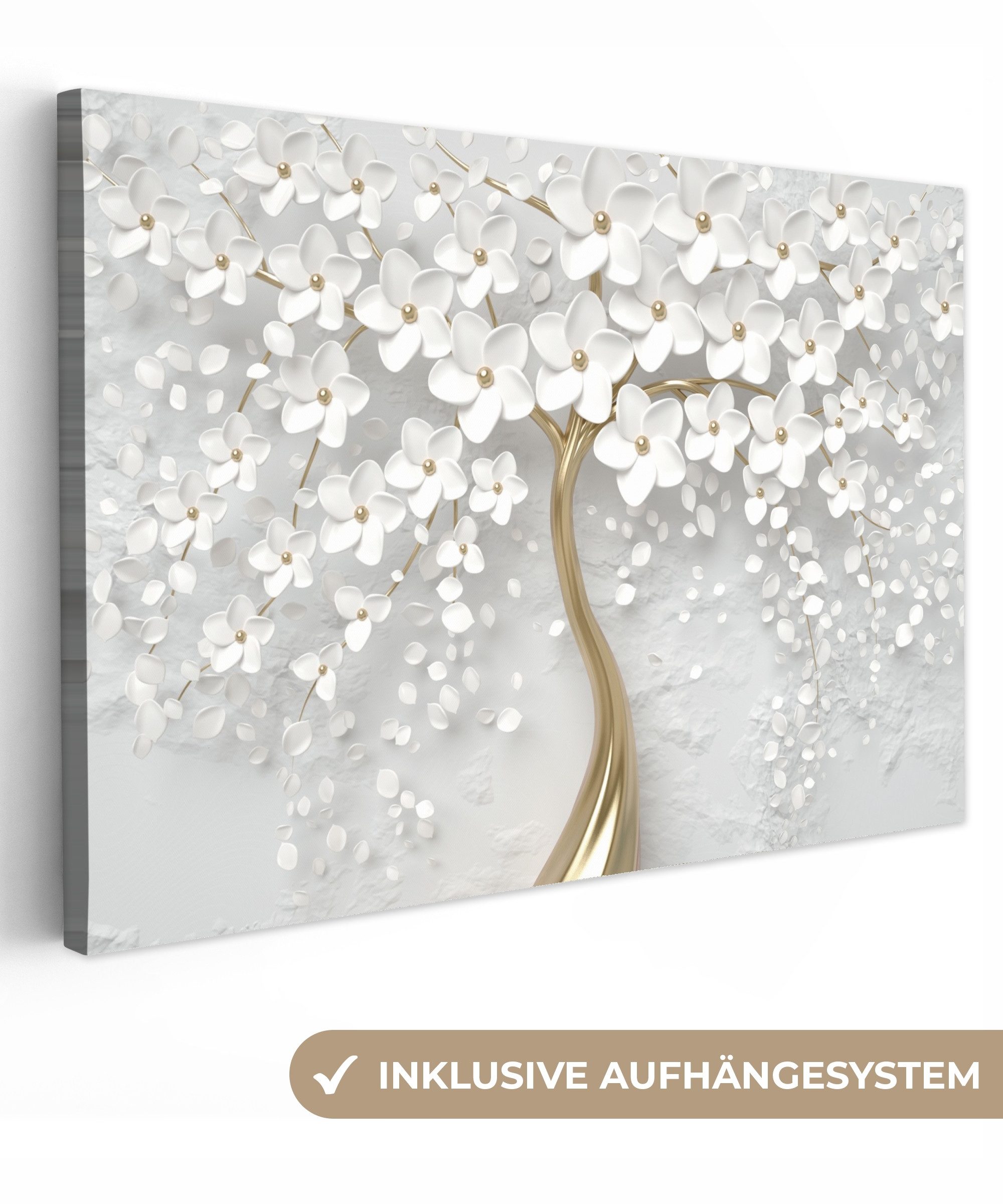 OneMillionCanvasses® Leinwandbild Baum - Weiß - Abstrakt - Blume - Gold, Gold – Boom (1 St), Leinwand Bilder Klein, Wand Dekoration 30x20 cm