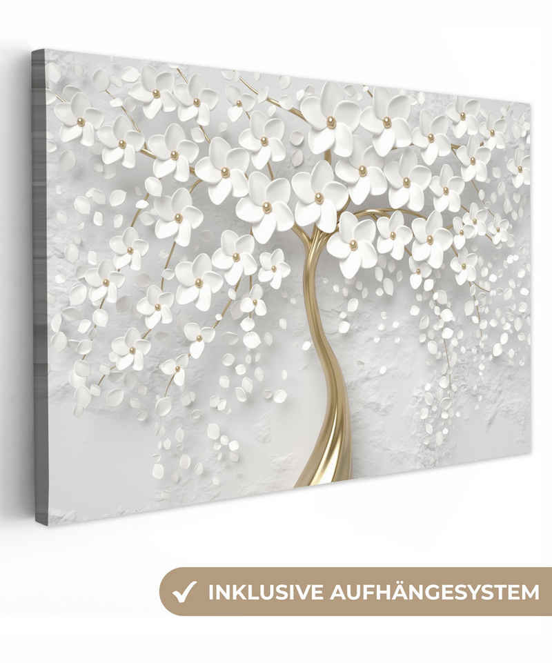 OneMillionCanvasses® Leinwandbild Baum - Weiß - Abstrakt - Blume - Gold, Gold – Boom (1 St), Leinwand Bilder Klein, Wand Dekoration 30x20 cm