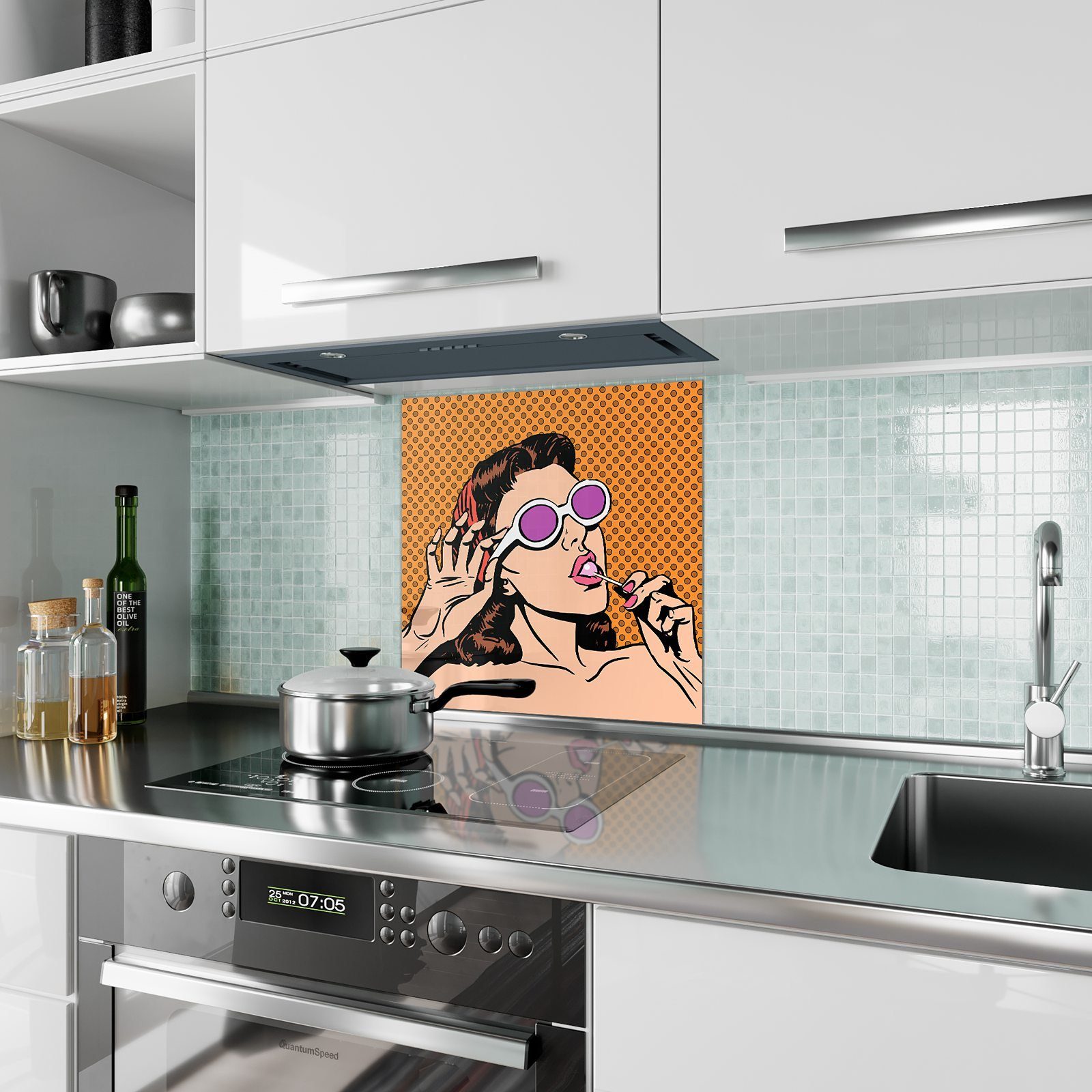Primedeco Küchenrückwand Spritzschutz mit Frau Glas Sonnenbrille