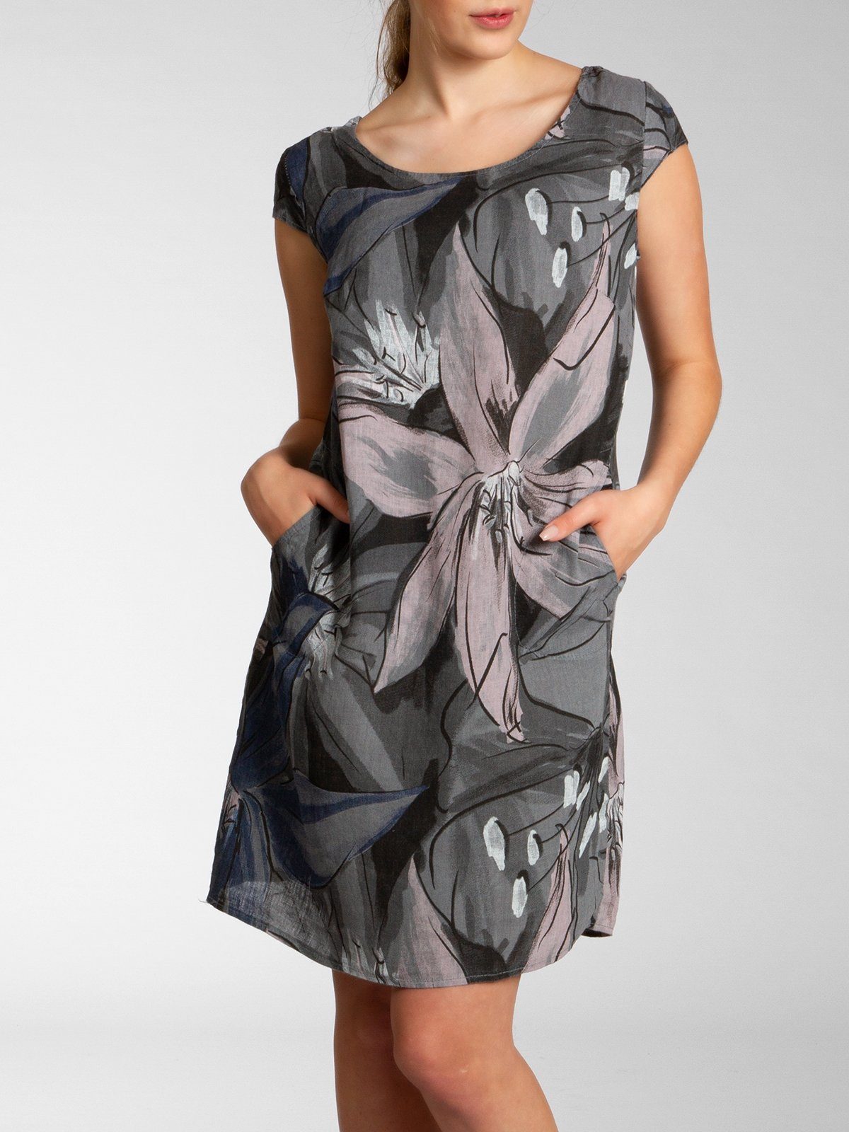 Caspar Sommerkleid SKL035 knielanges elegantes Damen Leinenkleid mit Blüten Print Luftig leicht, figurumspielende Form, mit seitlichem Jersey-Einsatz – Bild 3 von 5