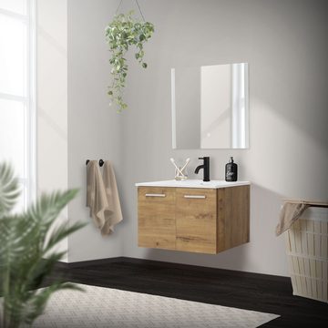 LuxeBath Waschbecken Badmöbel Unterschrank Waschbecken Badezimmermöbel Badmöbel, 2-teilig 59x46,5x42cm MDF Roteiche Keramik Weiß modern