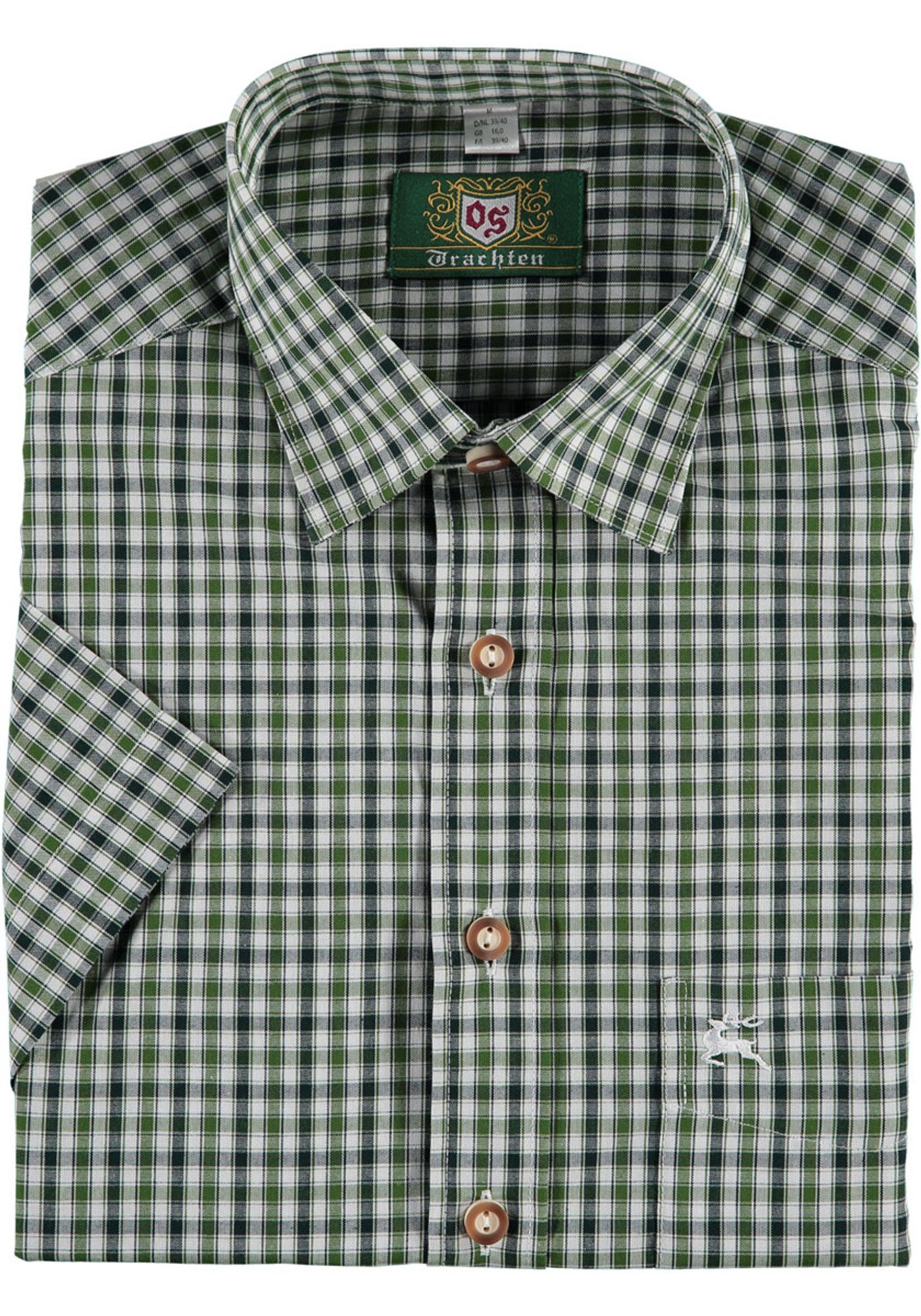 OS-Trachten Trachtenhemd Ipuve Kurzarmhemd mit dunkelgrün Hirsch-Stickerei der auf Brusttasche