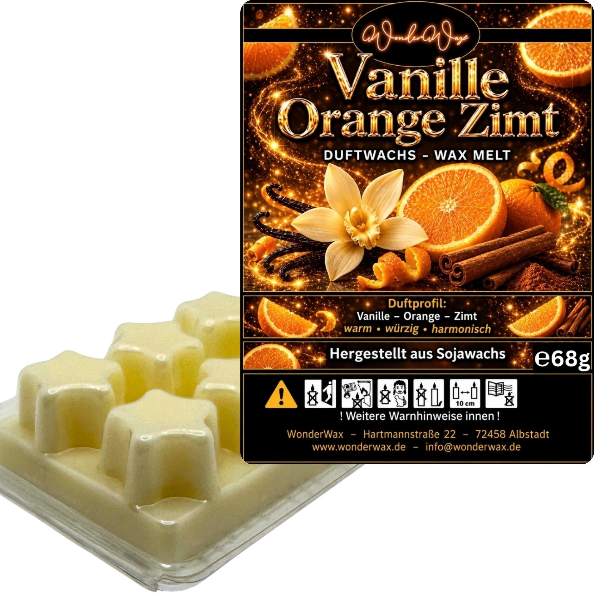 WonderWax Duftwachs WonderWax® Duftwachs 6 Sterne, (Spicy Vanille Orange Zimt), Duftrichtung: Spicy Vanille Orange Zimt