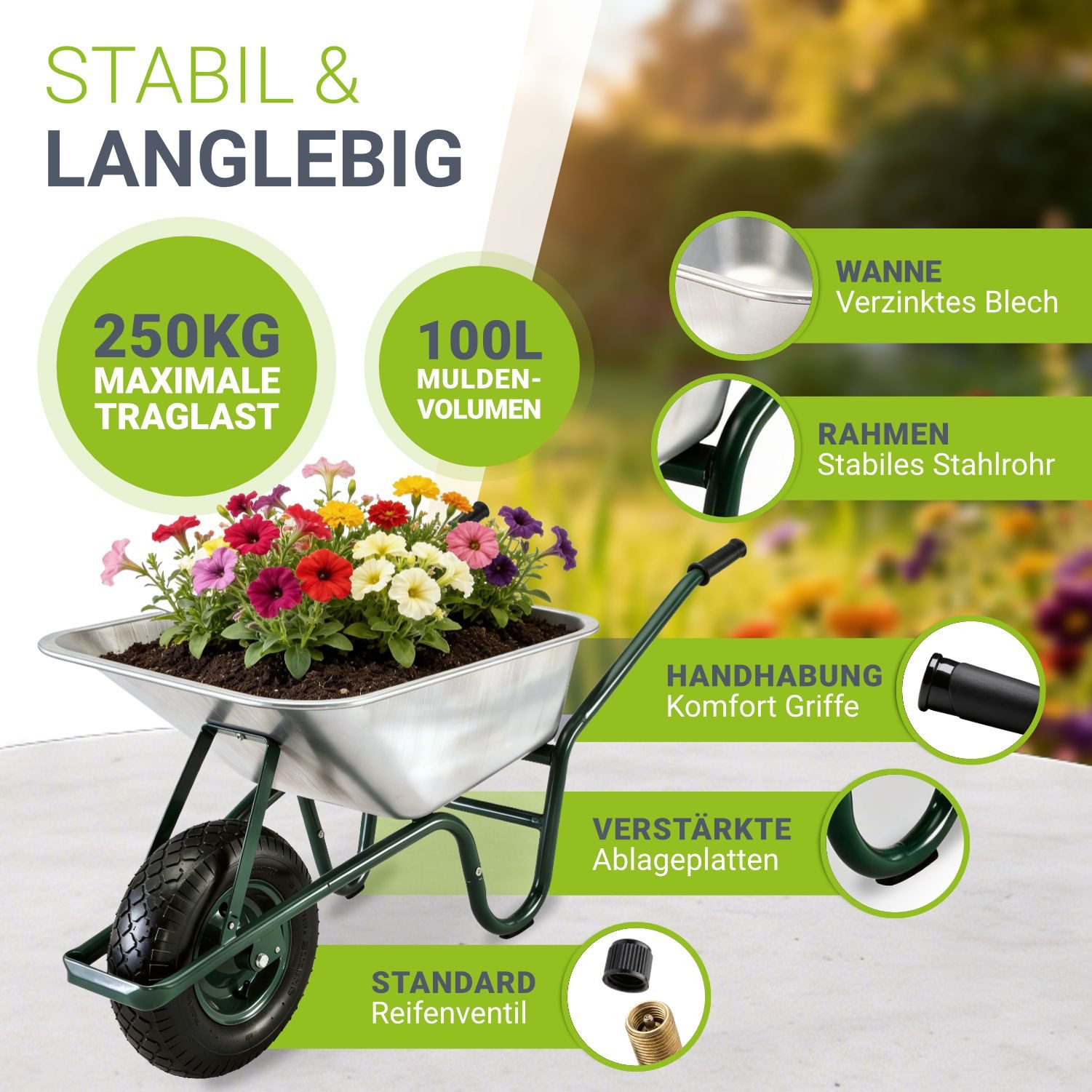 Juskys Schubkarre Garden, 100L, bis 250 kg, Luftreifen, verzinkte Wanne, inkl. Handschuhe