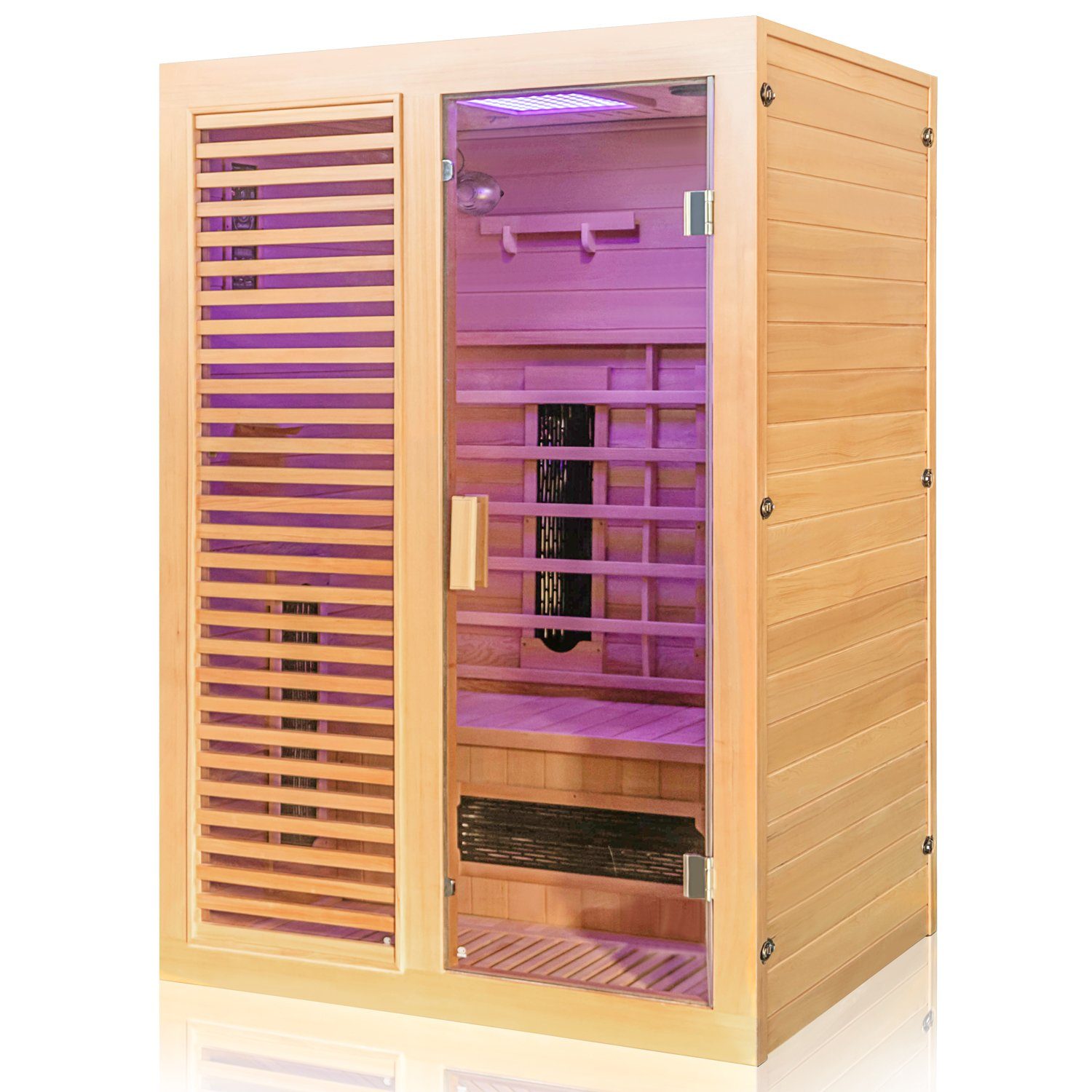 Dewello Infrarotkabine HAMLIN 130 Wärmekabine, für bis zu 2 Personen, 5 Keramikstrahler, BxTxH: 130 x 105 x 190 cm, (Farblichttherapie, Ionisator mit Ozondesinfektion und Aromatherapie) Sauna aus Hemlock-Tannenholz, leichter Aufbau dank Stecksystem