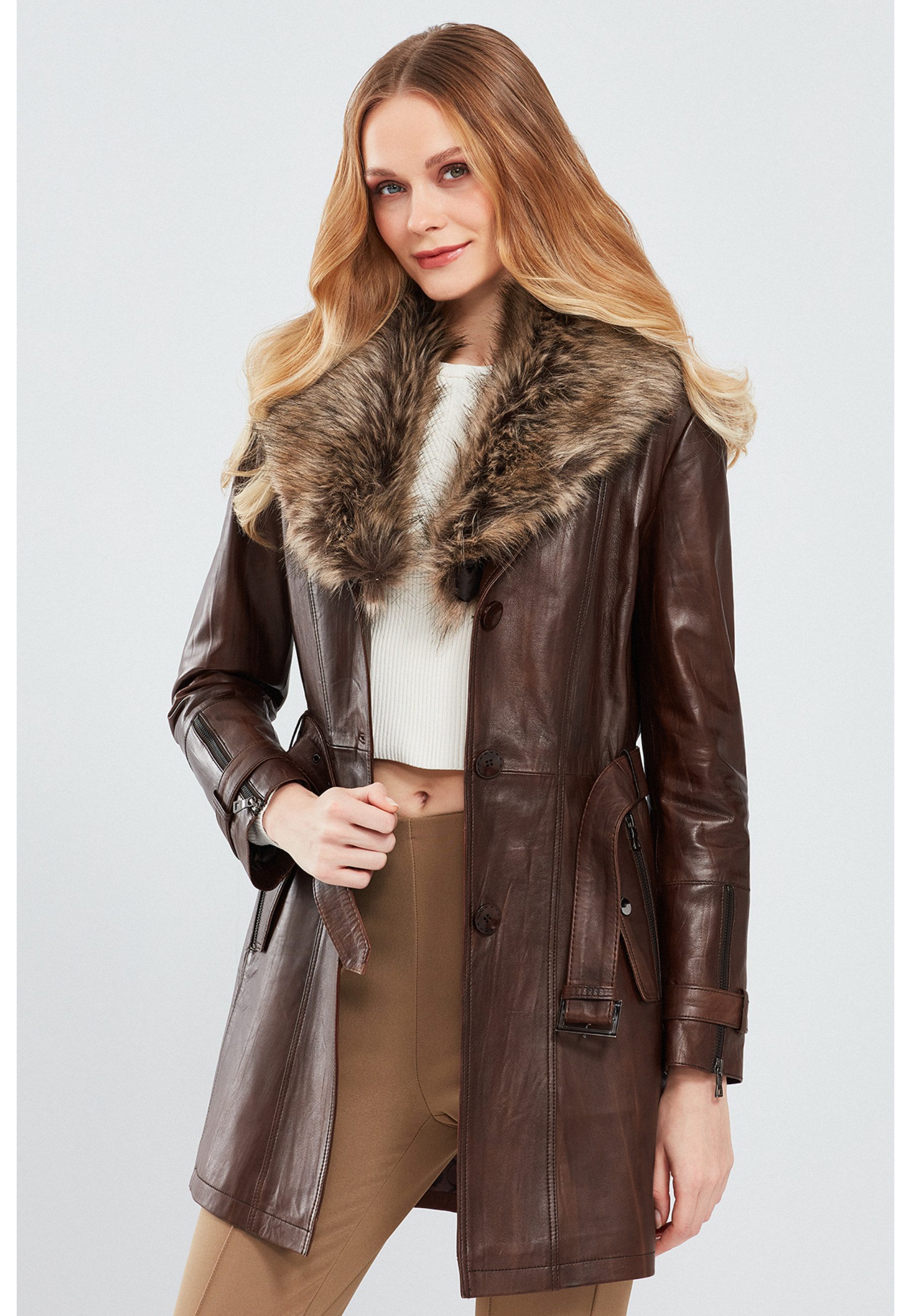 Derimod Lederjacke Rhoda Ledertrenchcoat mit Kunstfell günstig online kaufen