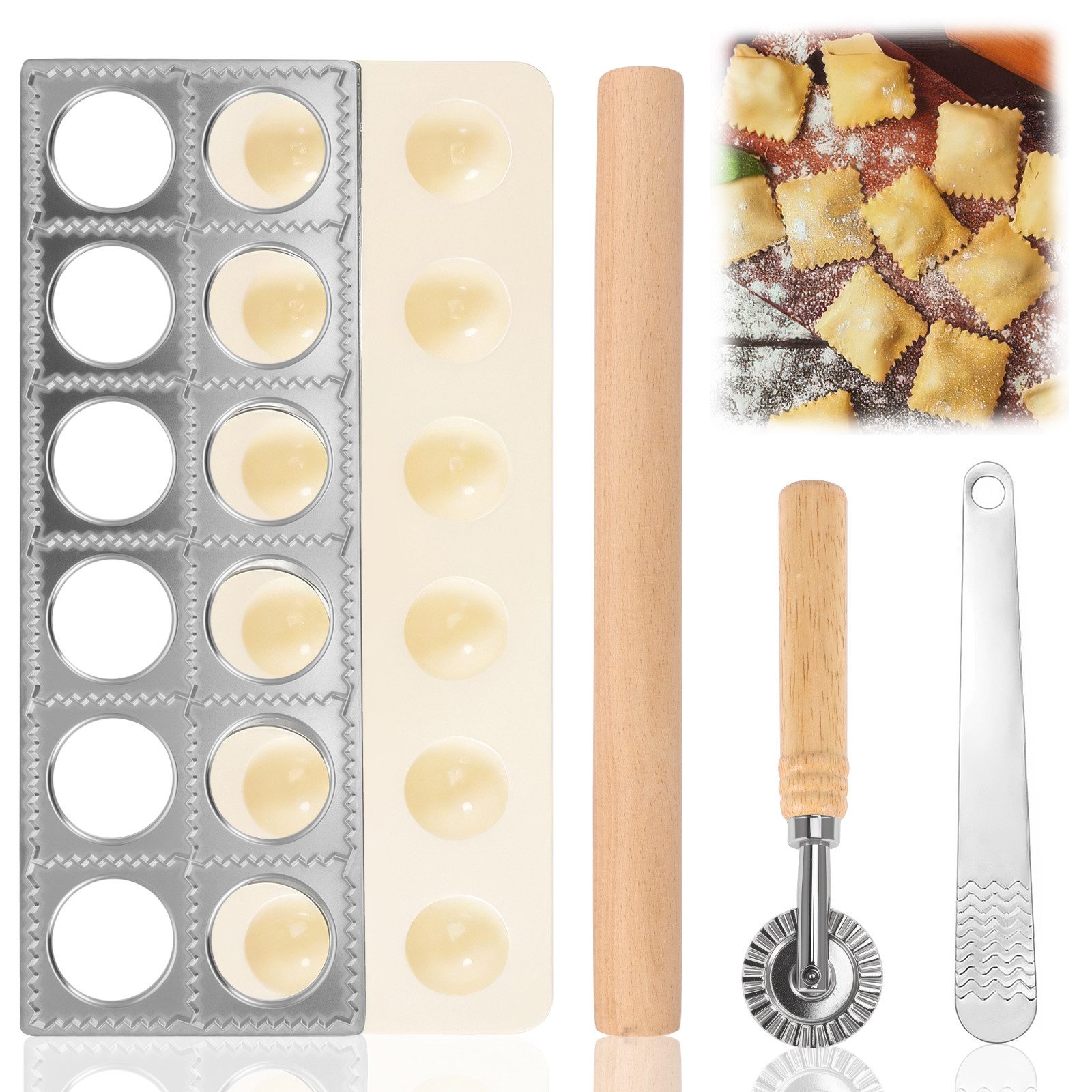 BlingBin Ravioliform 4-teiliges Ravioli-Maker mit 12 Löchern, Aluminium Dumpling-Former Set, (5er Set 1-tlg), Mit Fleischspatel Raviolibrett für Die Herstellung Von Ravioli, Knödel