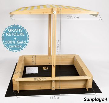 needs&wants® Sandkasten mit Dach Abdeckung Boden Bänken Vlies-Folie Sandkiste Holz rechteckig, mit Deckel Sandbox quadratisch Kinder, gelb weiß braun