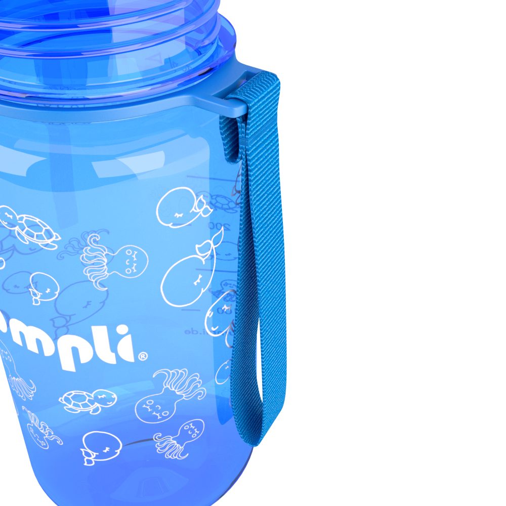 spülmaschinenfest, Kinder Trinkflasche Blau 350ml Wasserflasche, +Strohhalmdeckel, BPA-frei, auslaufsicher, Fruchtsieb Trinkflasche bumpli® Trageschlaufe,