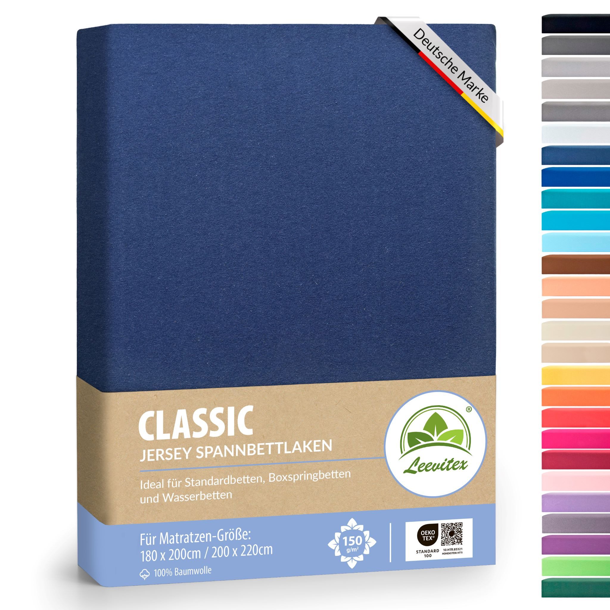 leevitex® Spannbettlaken 180x200 - 200x220 cm, 40 cm Steghöhe, Stoffdicke 150 g/m², Jersey, Gummizug: rundum, (1 Stück), OEKO-TEX® Standard 100 Zertifikatsnummer 10.HTR.85321 zertifiziert