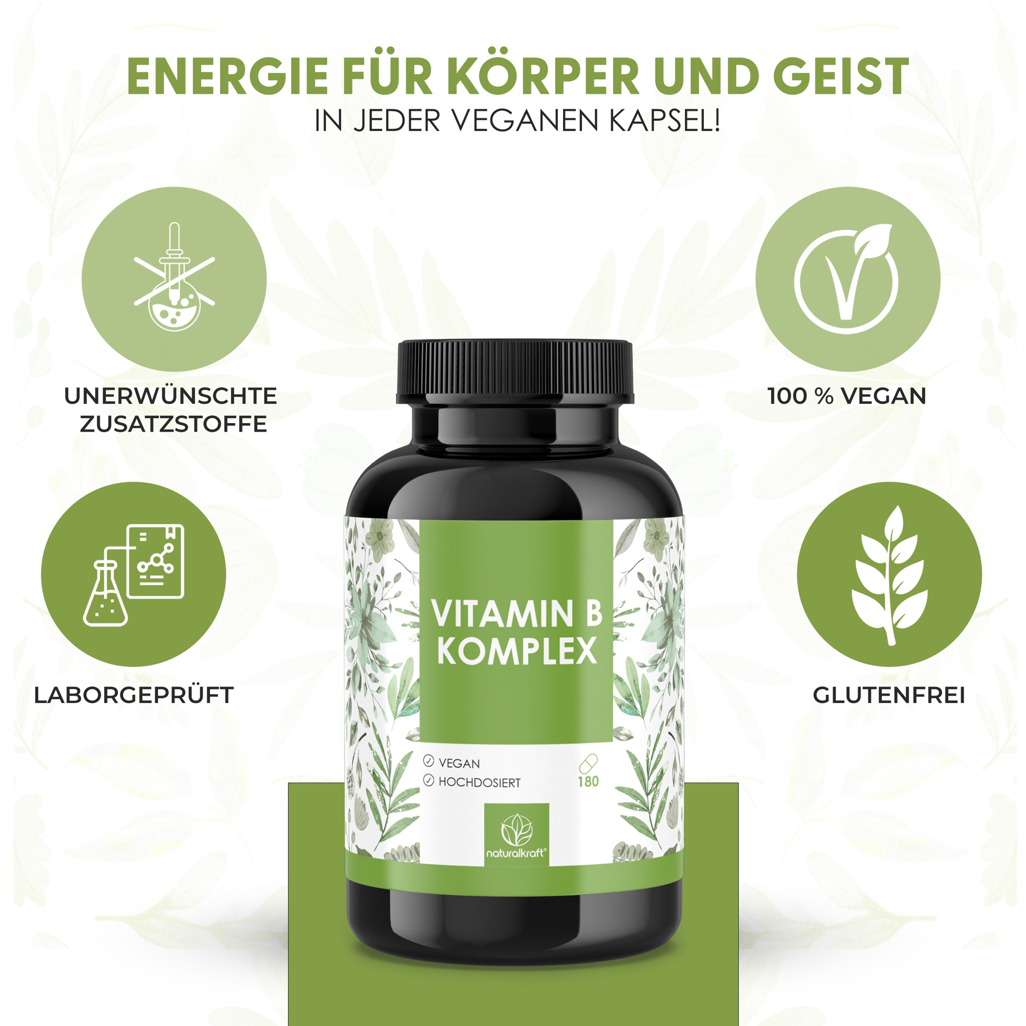 Naturalkraft Vitamin B Komplex – 8 B-Vitamine, 180 Kapseln, vegan & geprüft Kapseln, 108 g