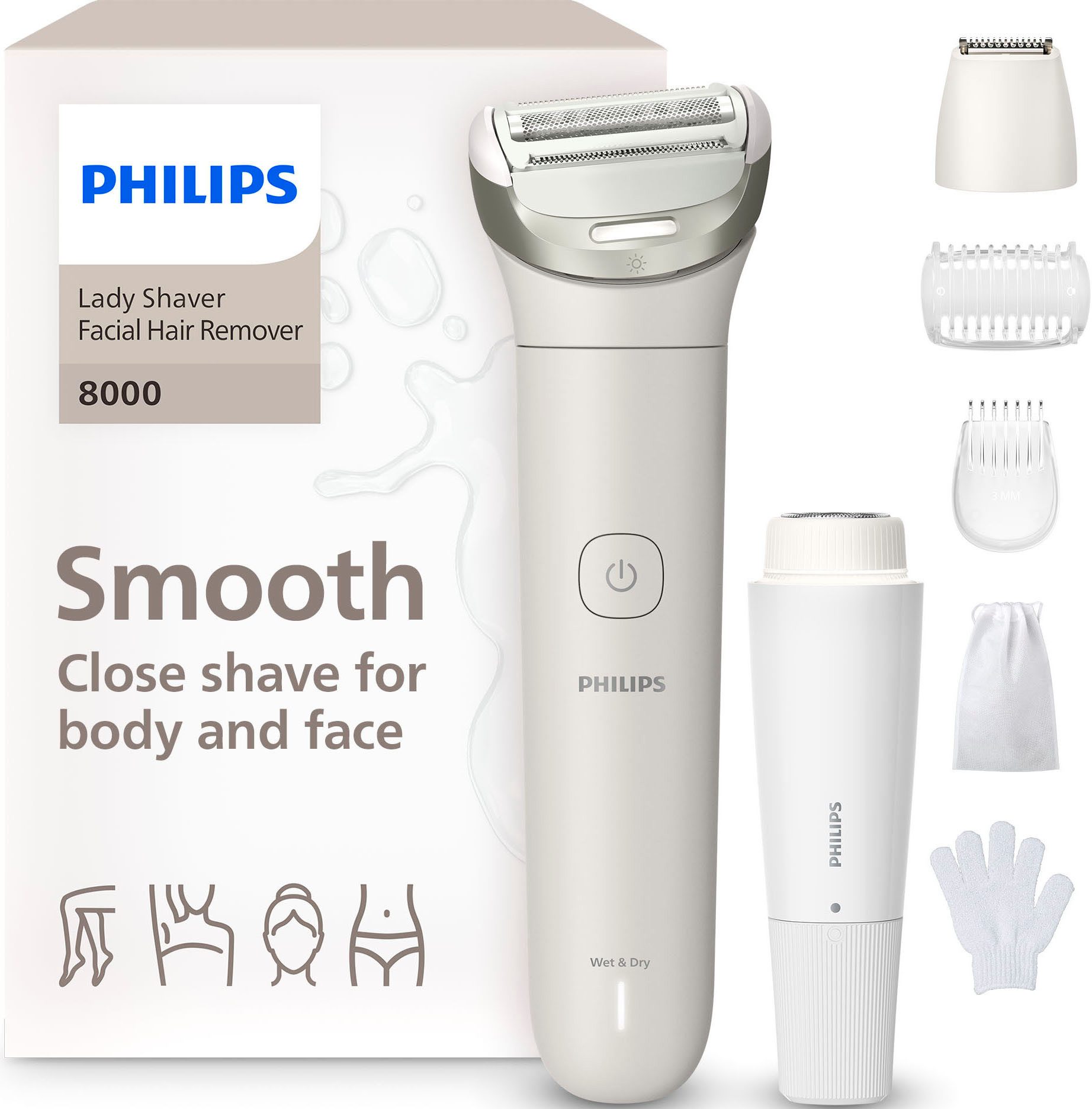 Philips Электробритва Lady Shaver Series 8000, Aufsätze: 3, kabelloser Бритвы, nass und trocken, inkl. Триммерыaufsatz