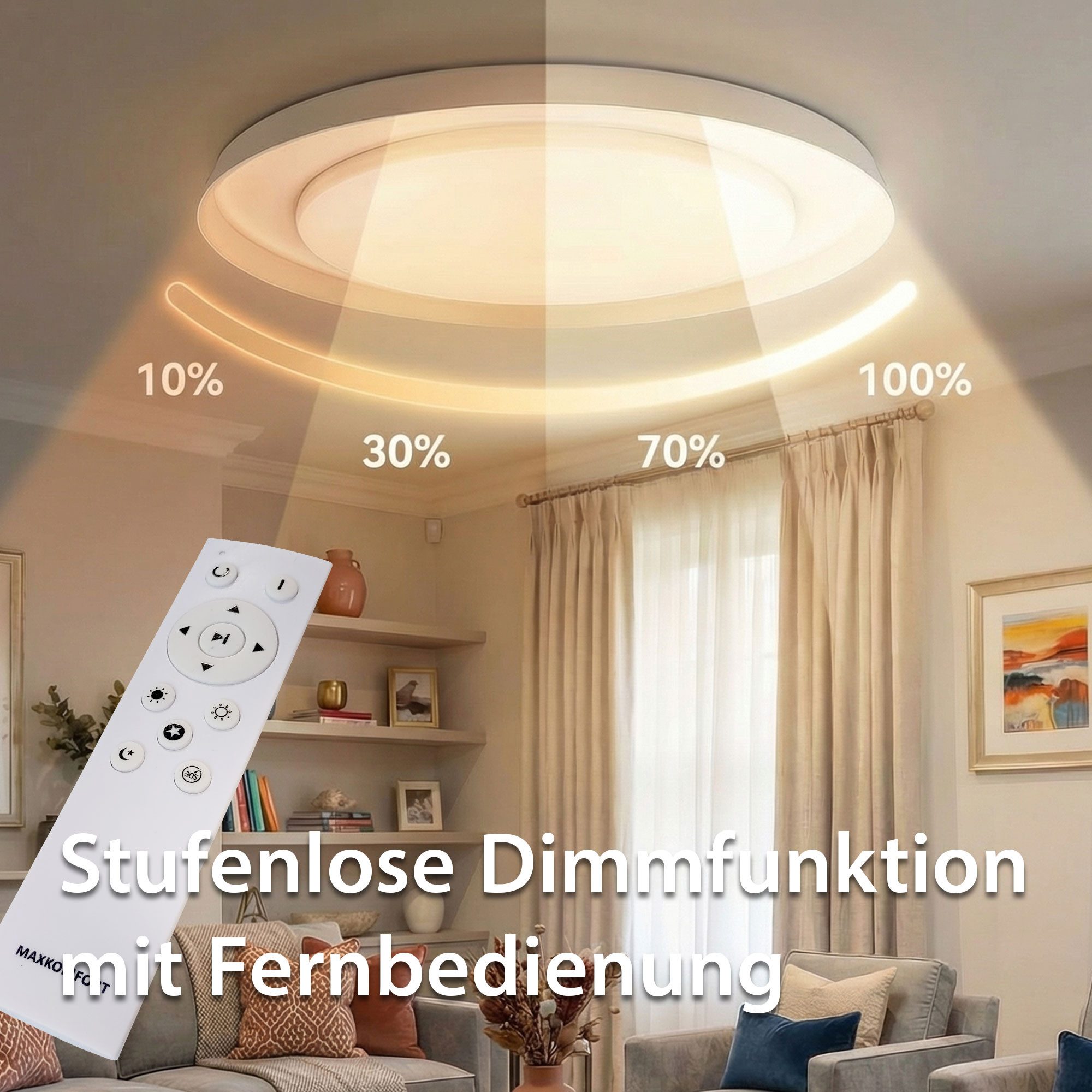 Maxkomfort LED Deckenleuchte Dimmbar mit Fernbedienung 48W - 3 Lichtfarben wechselbar, LED fest integriert, Warmweiß/Kaltweiß/Neutralweiß, Moderne Deckenlampe - 3000K/4000K/6500K Ultraflach Rund ∅55cm