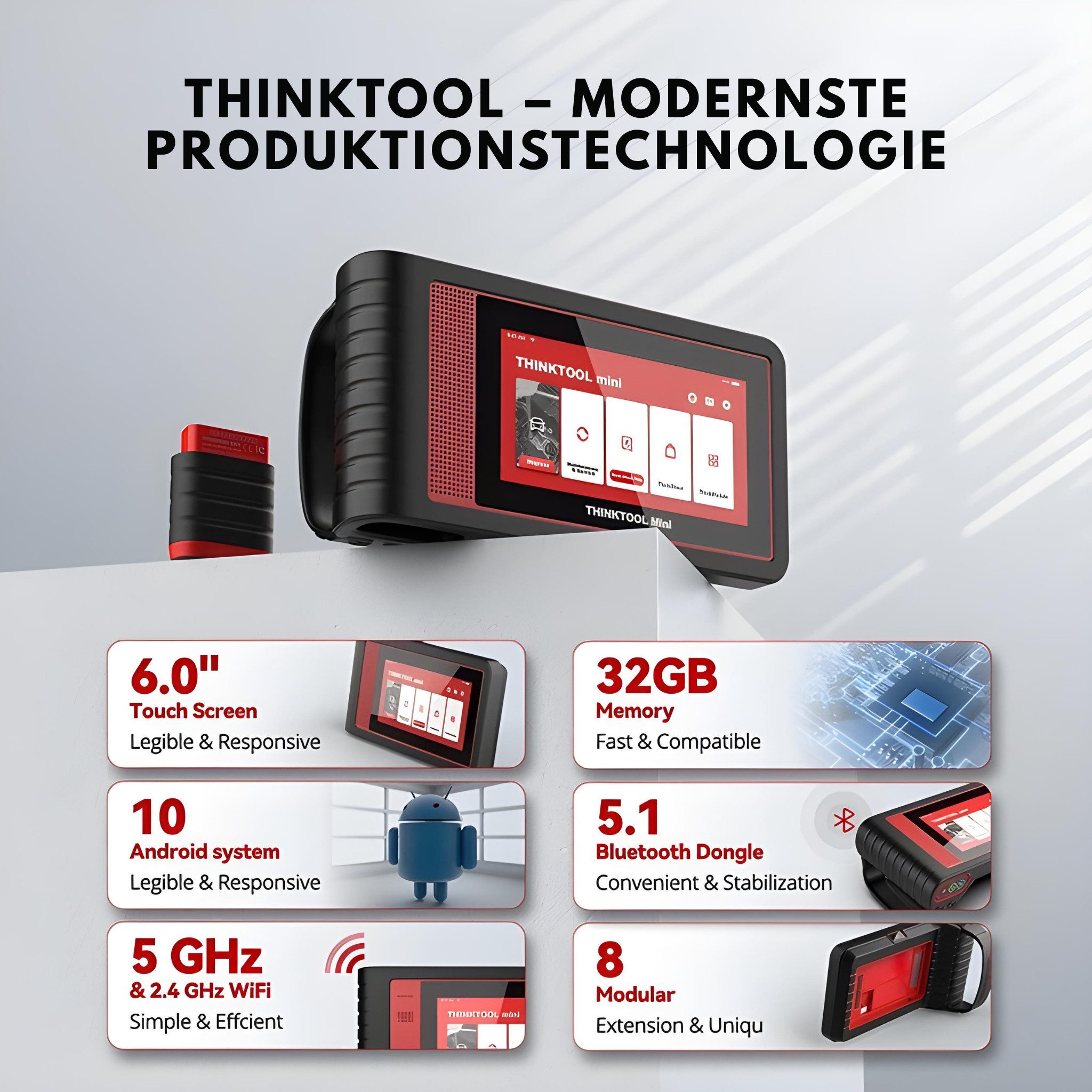 Thinkcar Kfz-Diagnosegerät OBD 2 Scanner, OBD Diagnosegerät, Touch, Bluetooth, Touch, dauerhafte Updates, Fehlercodelexikon, wireless