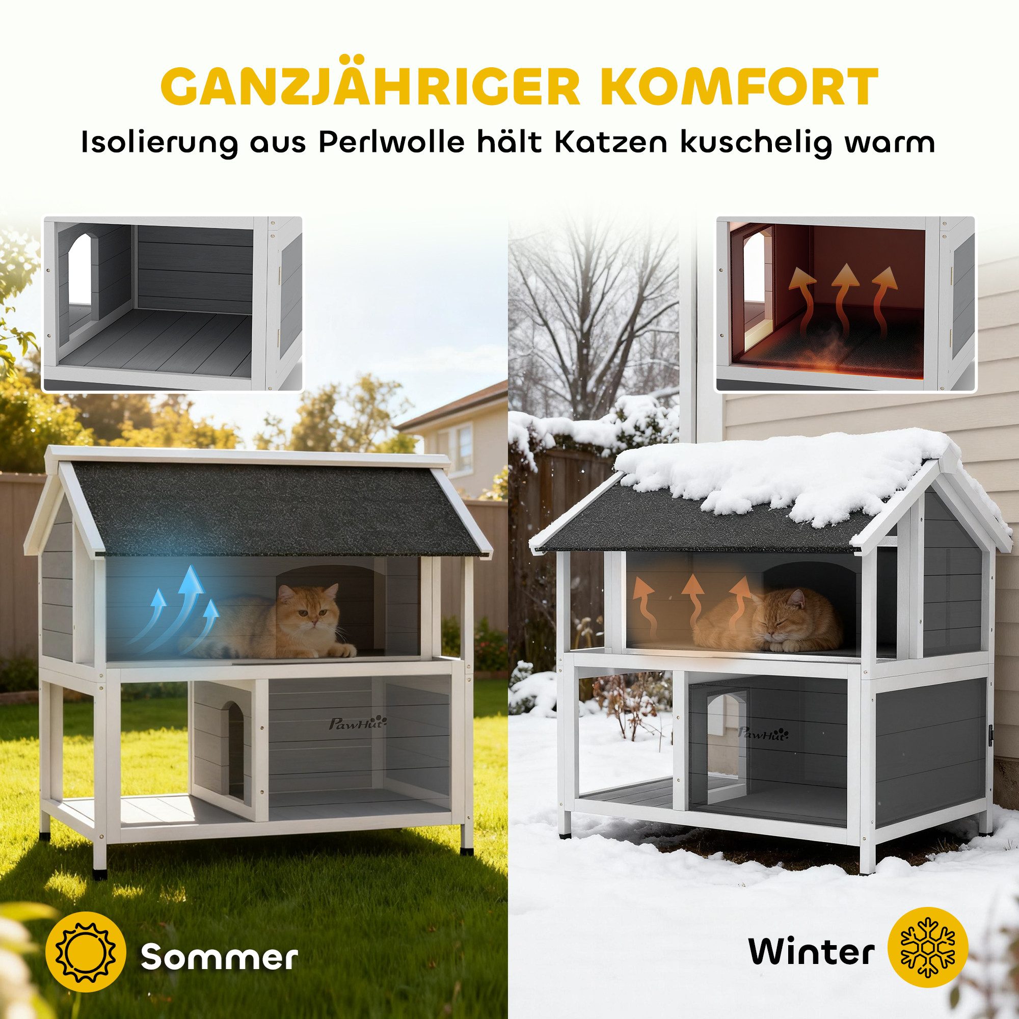 PawHut Tierhöhle Katzenhaus aus Holz, mit zu öffnendem Dach, herausnehmbarem Kissen, für Draußen, 80 x 93 x 95 cm, Grau