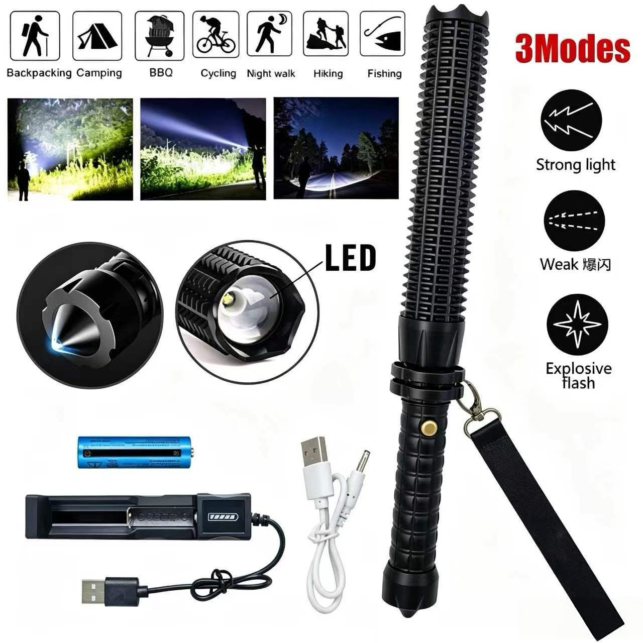 ibettertec LED Taschenlampe 2er Set Taktische LED Taschenlampe mit Akku, 3 Modi Campinglampe, 2er Set,Taktische,LED-Taschenlampe,Akku,starkes Licht,3 Modi,Camping