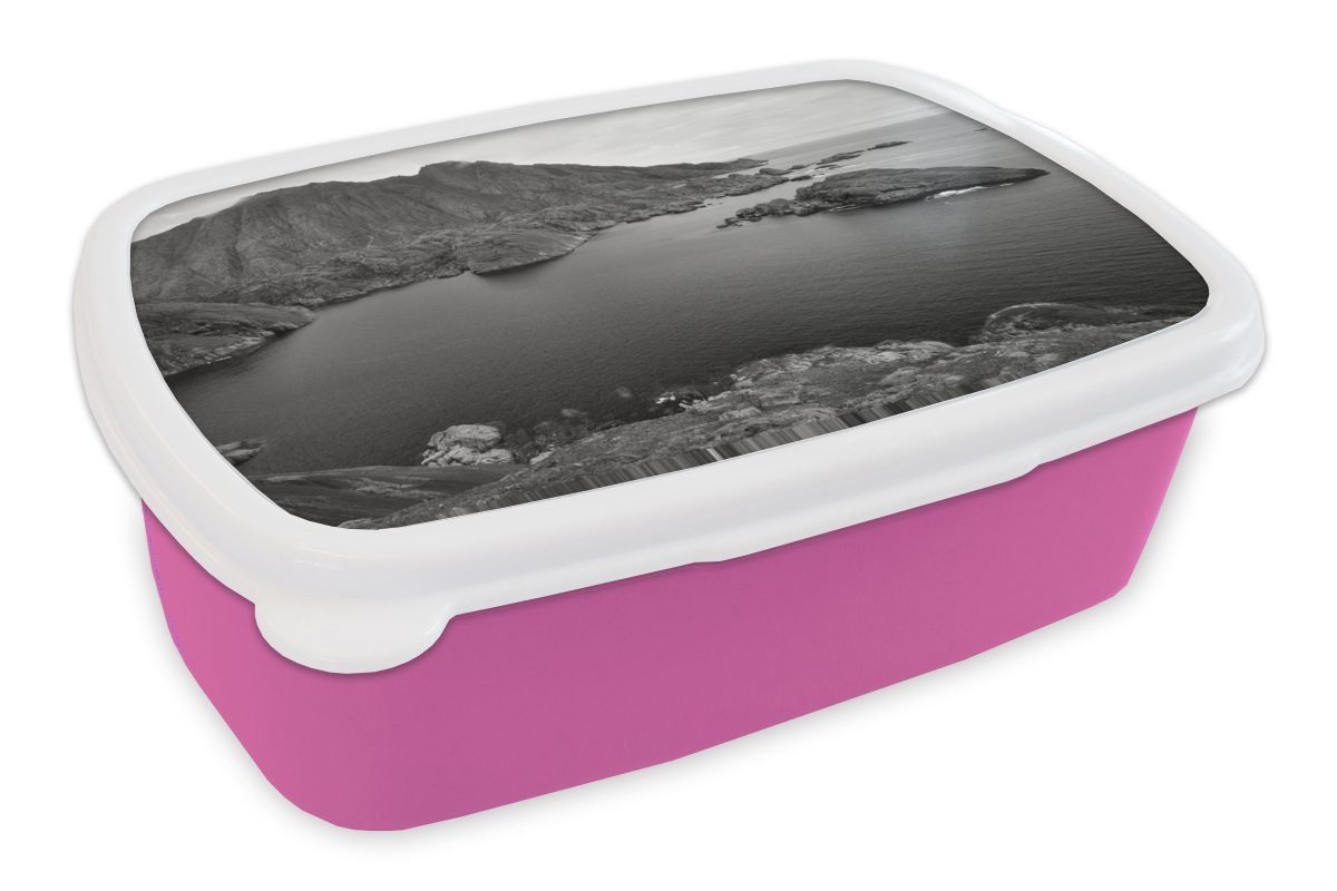MuchoWow Lunchbox Skandinavische Küste schwarz-weiß Fotodruck, Kunststoff, (2-tlg), Brotbox für Erwachsene, Brotdose Kinder, Snackbox, Mädchen, Kunststoff rosa