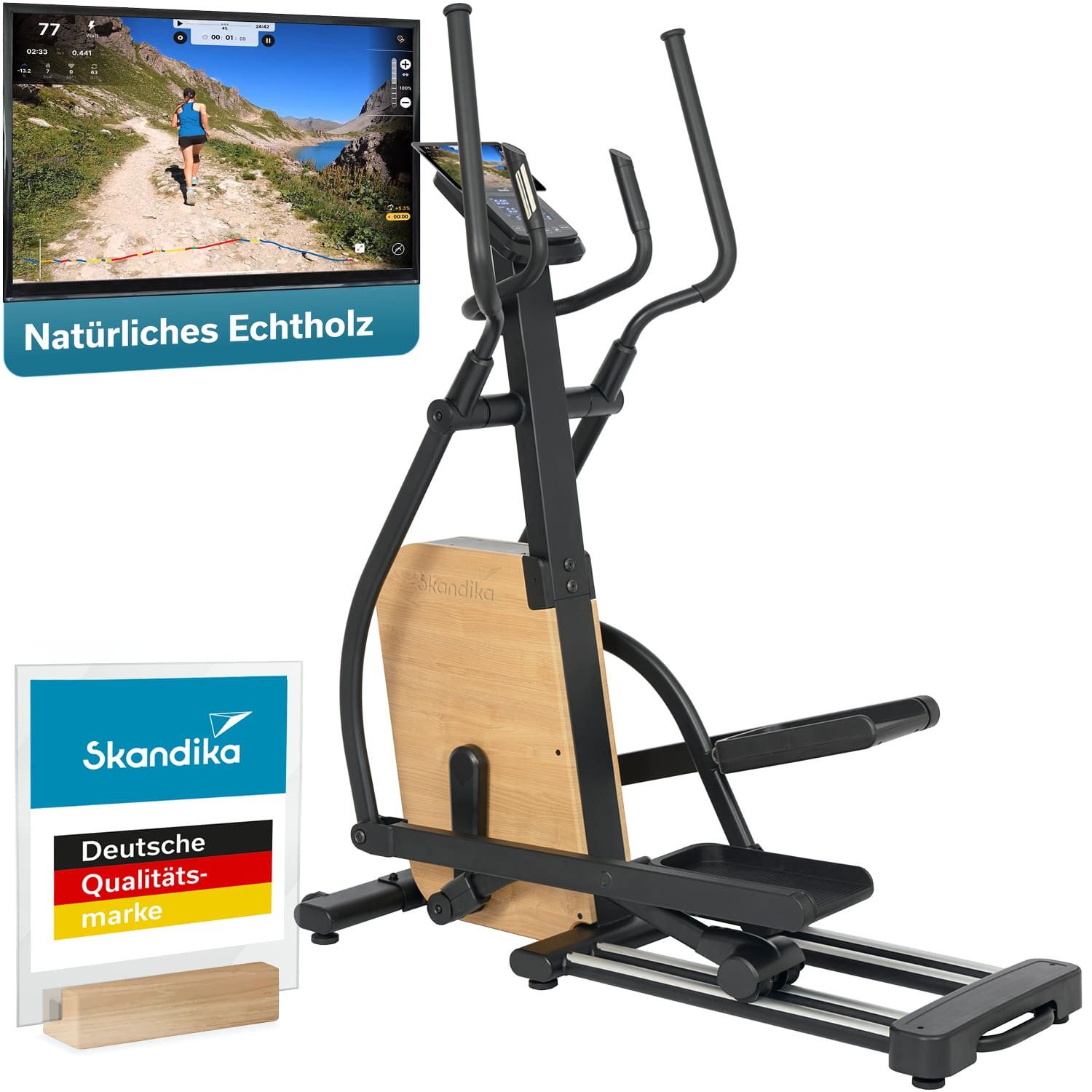 Skandika Crosstrainer für Zuhause Treliv P22, Ellipsentrainer Rahmen aus Eisen (mit Echtholz, Transportrollen, Bluetooth, bis 135 kg, Tablet-Halterung), 32 Stufen, 22 Programme, Magnetbremse, Kinomap App kompatibel