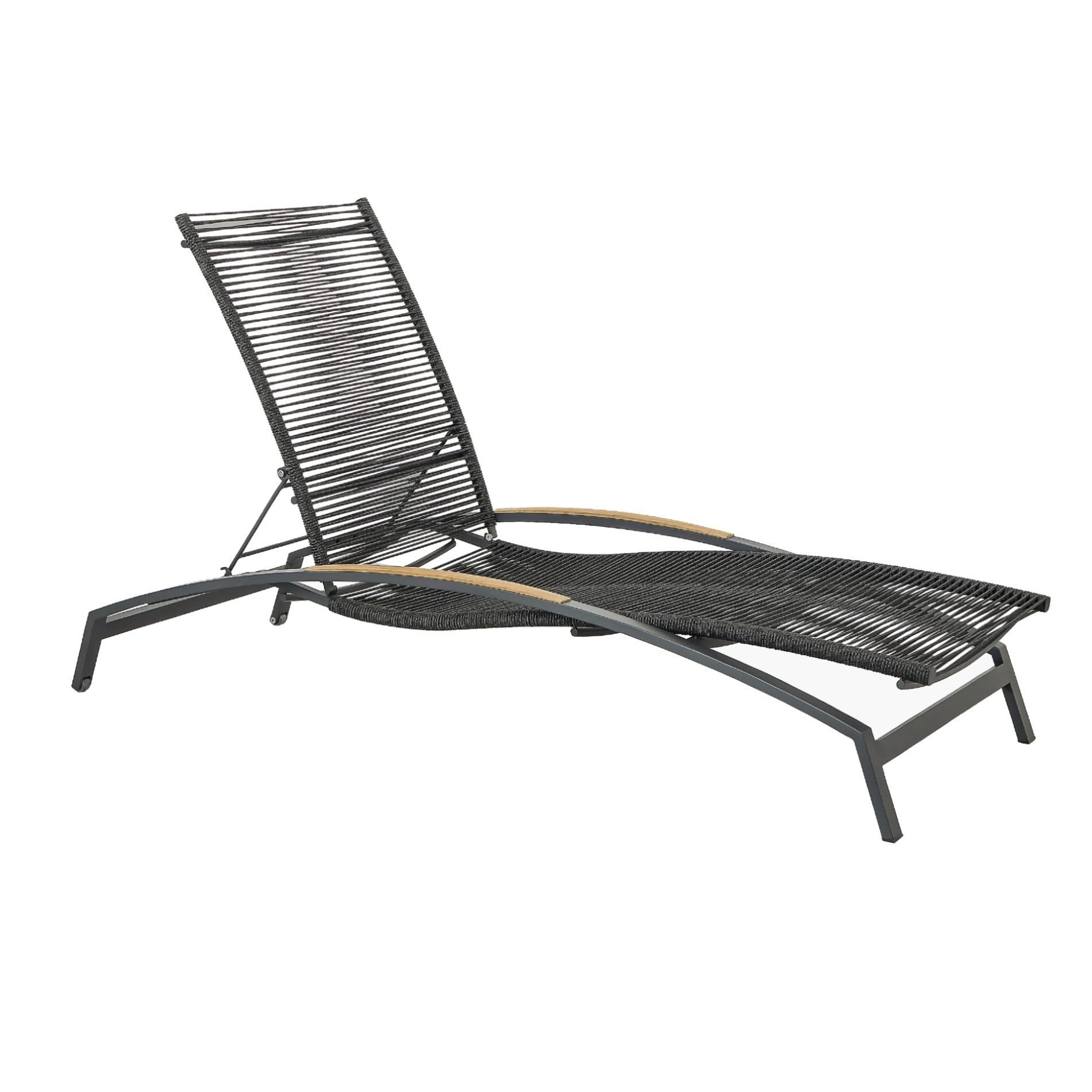 CASA DOMA Gartenliege Mineo, Sonnenliege 4-fach verstellbar, 2 Rollen, Edelstahl anthrazit, Teakholz-Armlehnen, Rope-Bespannung