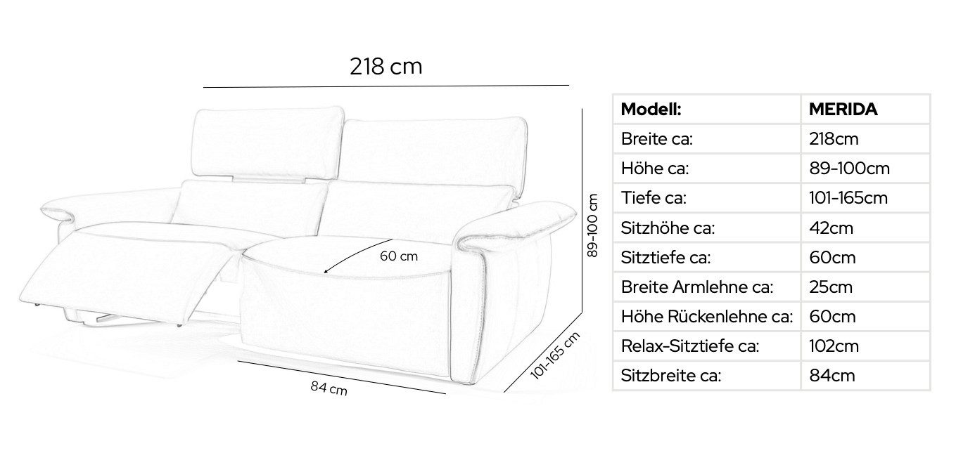 Sofanella 3-Sitzer Leder MERIDA, Relaxcouch, Designersofa, Designer Sofa, 3er Couch, Sofagarnitur