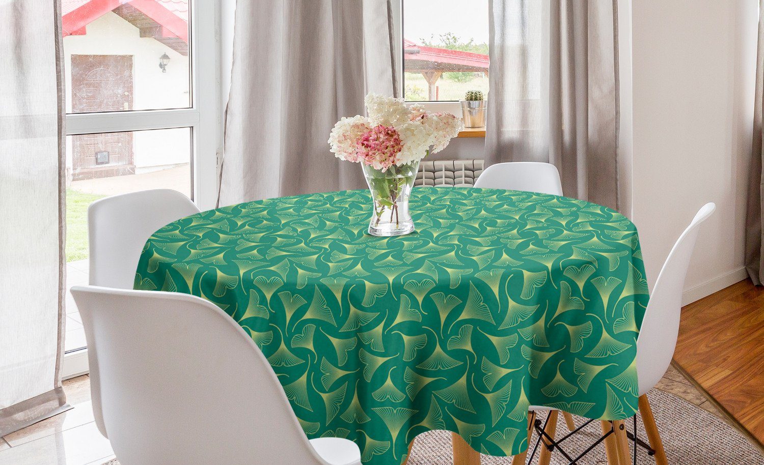 Abakuhaus Tischdecke Kreis Tischdecke Abdeckung für Esszimmer Küche Dekoration, Gingko Biloba Blätter auf Teal Shade