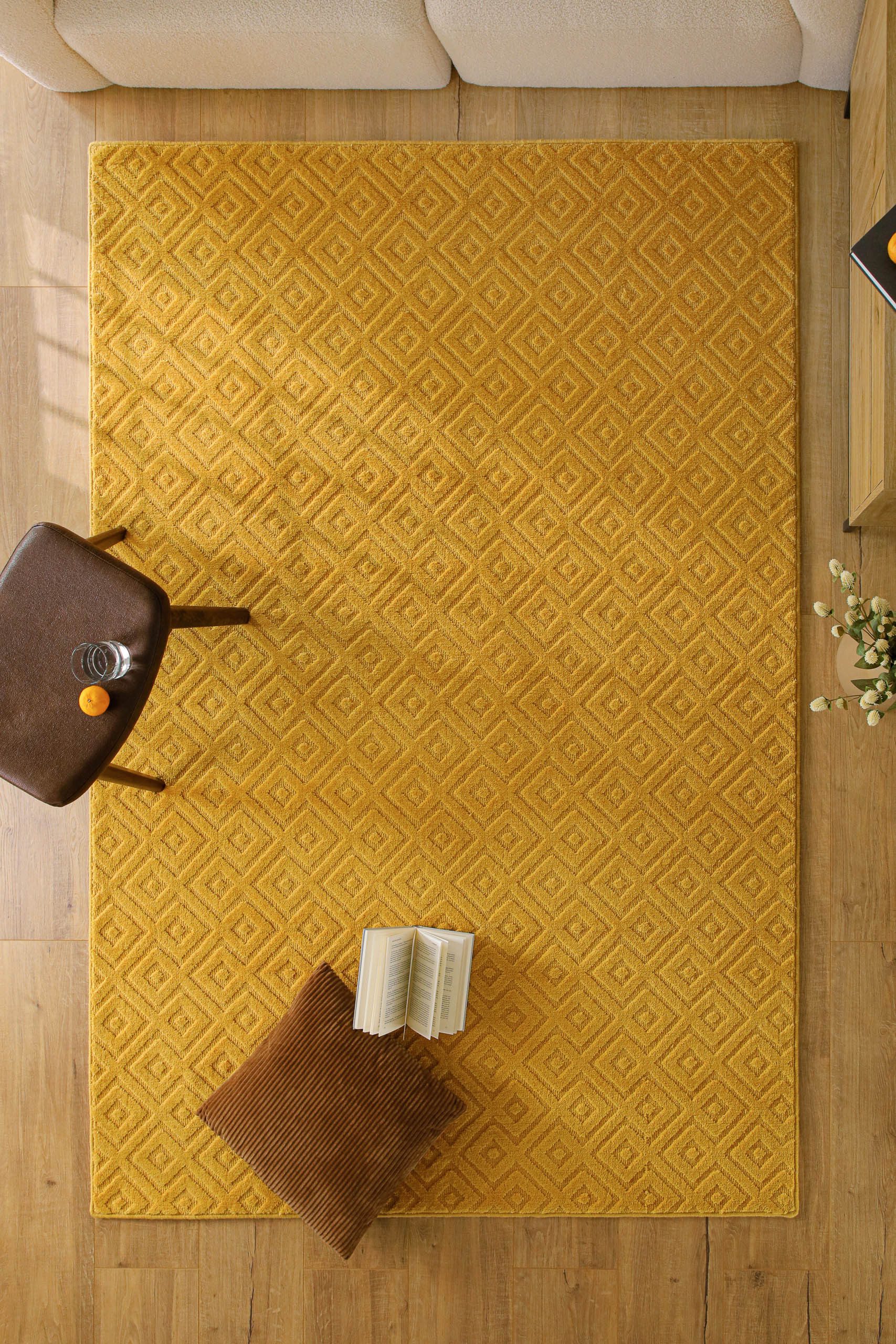 Wecon home Teppich Castello TWO, rechteckig, Höhe: 7 mm, Schurwolle, Kurzflor mit Hoch-Tief-Effekt, Wohnzimmer, Rautenmuster