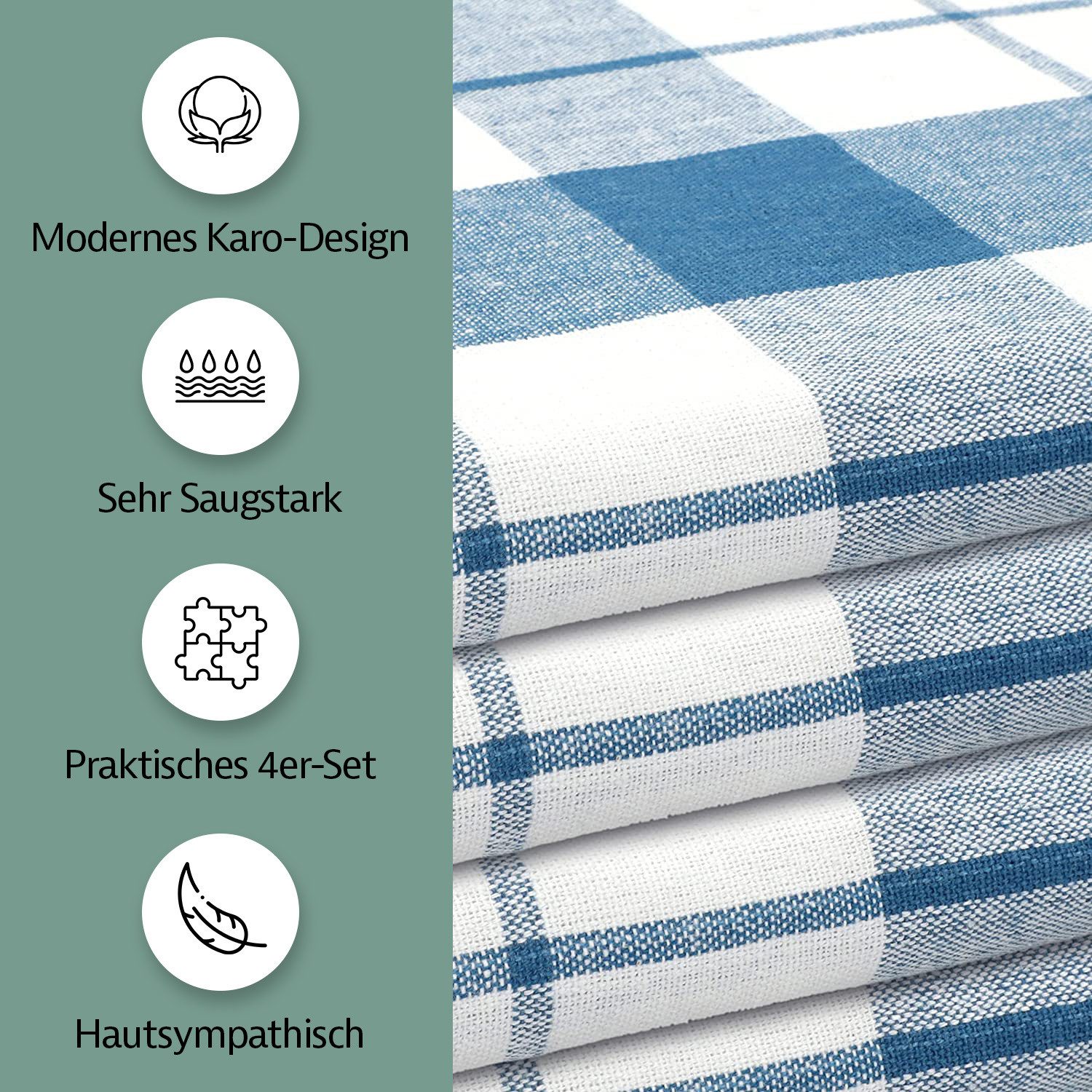 Zestri Geschirrtuch 4er-Set aus 100% Baumwolle, 50x70 cm Küchenhandtücher mit Aufhänger, (4 Stück), saugstarke Geschirrhandtücher, kariert, Geschirr Handtuch – Bild 3 von 5