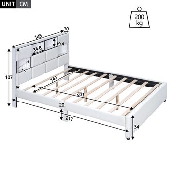 DOPWii Bett 140*200cm Flachbett mit Verstellbares Umgebungslicht,USB-Anschluss,Mehrere Ablagefächer an der Seite des Bettes,Beige
