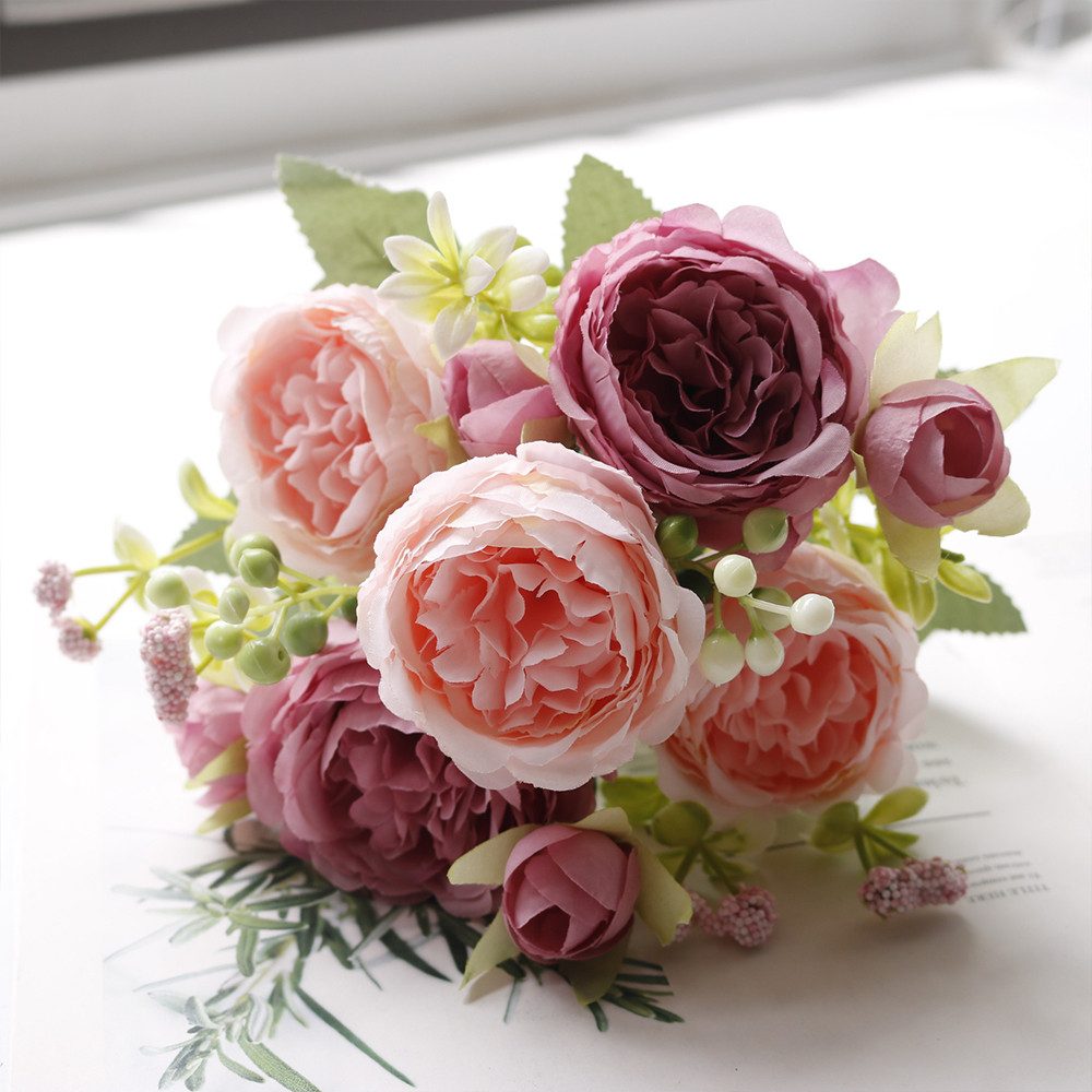 Kunstblumenstrauß Rugosa-Rose Künstliche Blumen SeidenRugosa-Rose rosa, MOPUEA, Hochwertige Materialien und lebendige Gestaltung