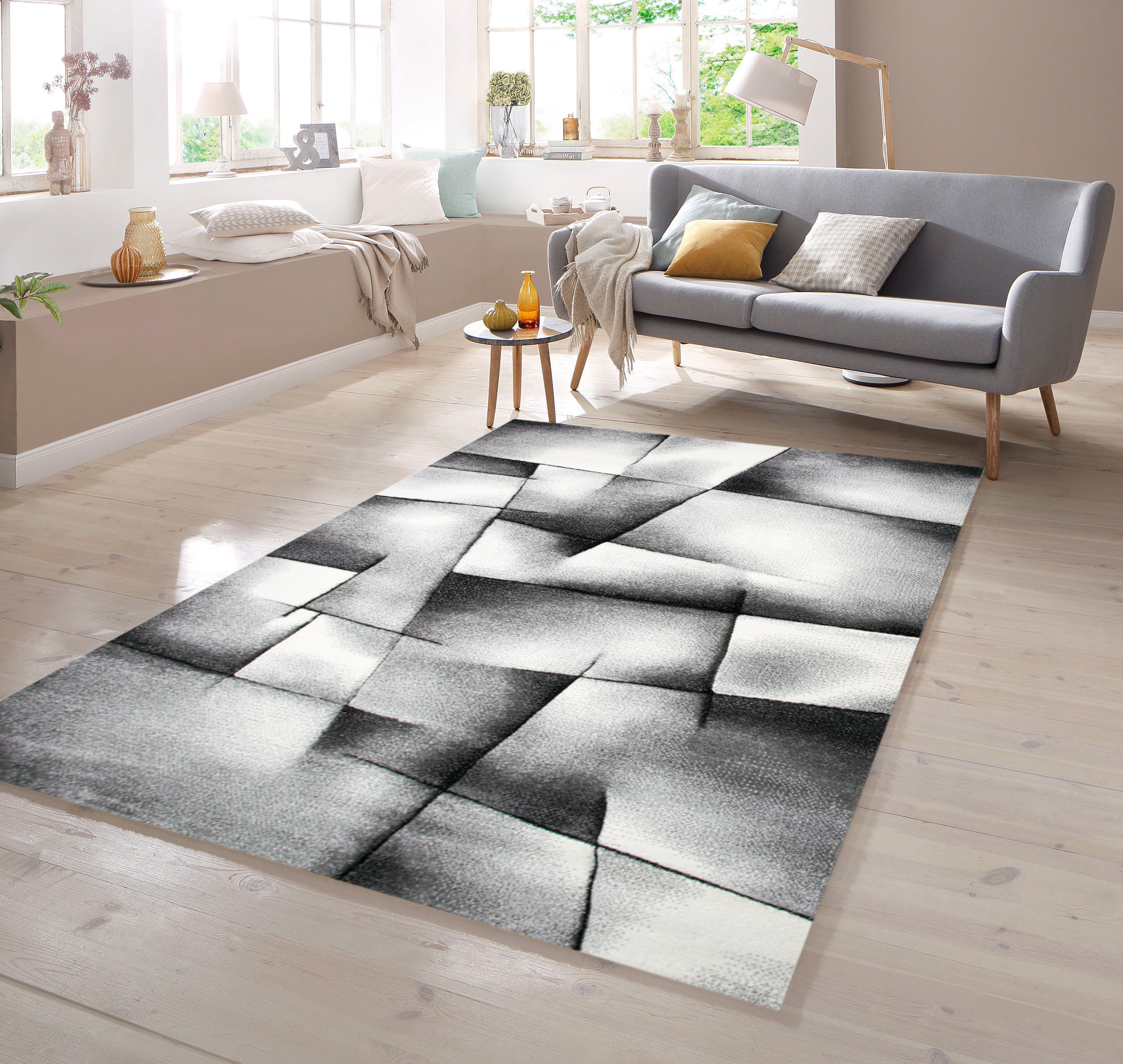 TeppichHome24 Teppich Designer Teppich mit Konturenschnitt Karo Muster Grau Schwarz Weiss, rechteckig