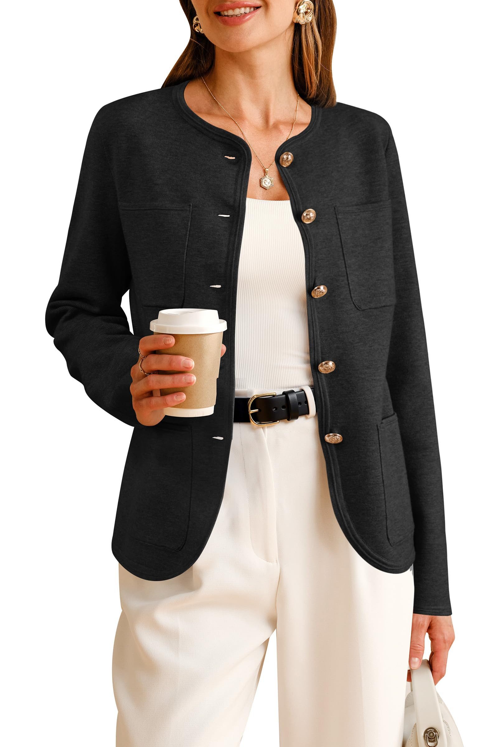 Arach&Cloz Jackett Arach&Cloz Damen Wollmischung Jackenblazer Leinensakko Jerseysakko Herbst Button Down Anzugsakko Blusenblazer mit Taschen