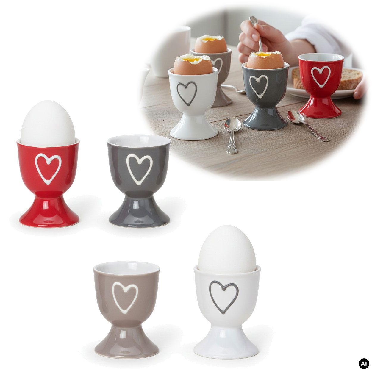 LS-LebenStil Eierbecher 4 Keramik Eibecher Set Herz Grau Weiß Rot Braun Gute Laune Eierhalter, (Exklusive edle Eihalter, perfekte Deko am Frühstückstisch, 4-tlg., für das perfekte Frühstücksei, Geschenk zur Hochzeit, Verlobung), Muttertag, Vatertag, Ostern, Weihnachten