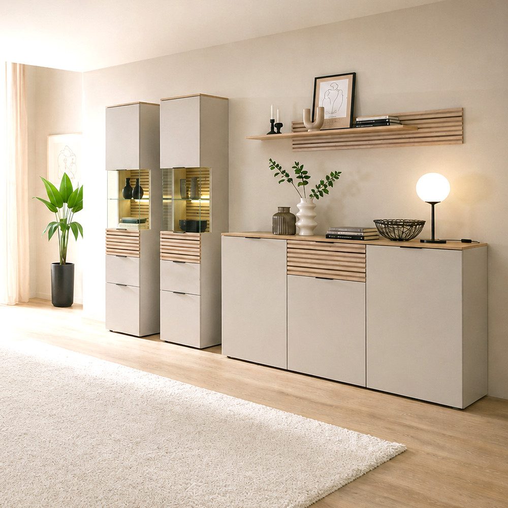 Lomadox Esszimmer-Set ISCHIA-36, (Spar-Set, 4-St., Vitrinen Sideboard Wandboard), in Beige mit Eiche, inkl. Beleuchtung, Lamellenoptik