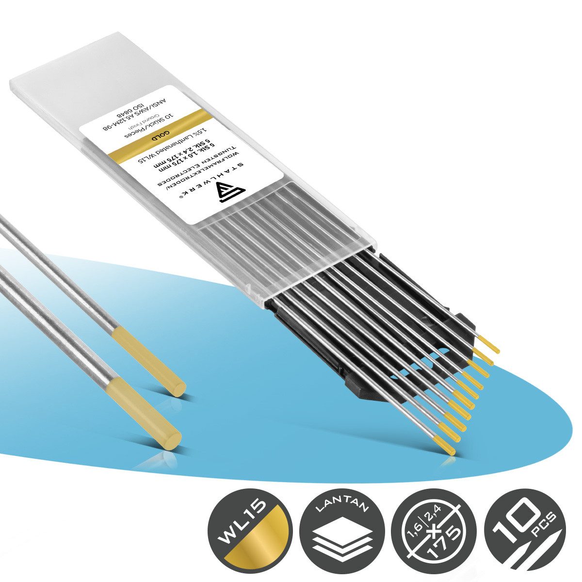 STAHLWERK Stabelektroden Wolframelektroden WL15 gold 5 x 1,6 mm + 5 x 2,4 mm, (Packung), Universalelektrode für nahezu alle Anwendungen bis 220 A