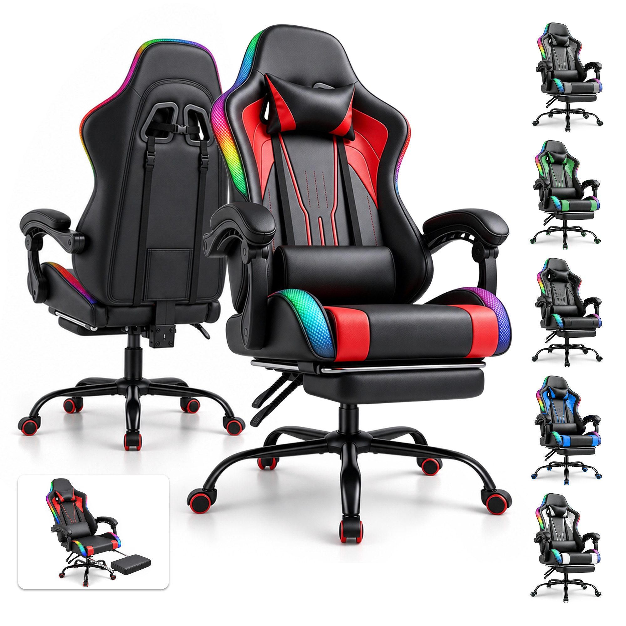 HOMALL Gaming-Stuhl mit LED,Ergonomisch,Fußstütze,computerstuhl,gaming stuhl mit massage, Ergonomischer Bürostuhl,Kopfstütze und Lendenstütze
