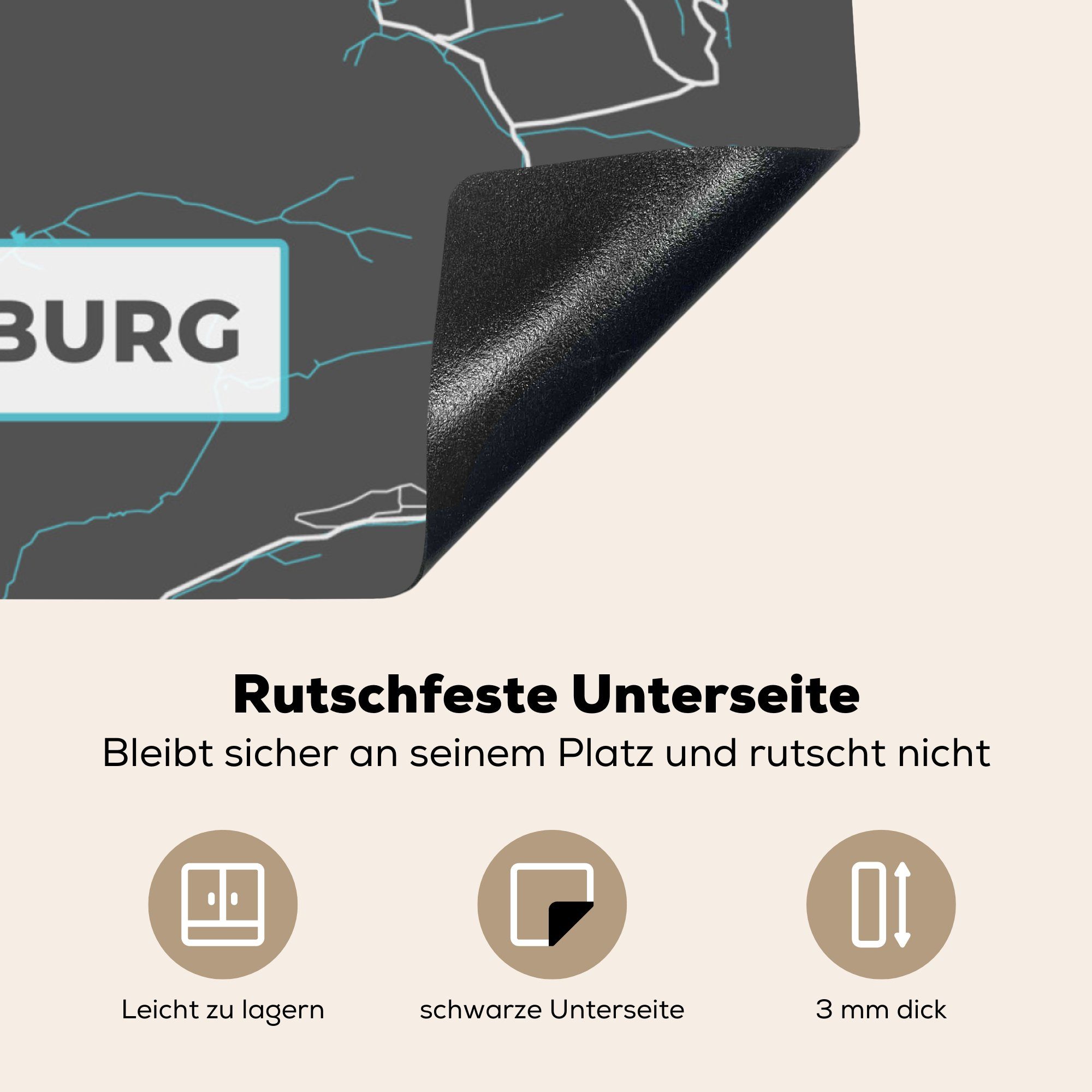 tlg), MuchoWow Vinyl, - Blau cm, Ceranfeldabdeckung, küche Arbeitsplatte Herdblende-/Abdeckplatte Aschaffenburg - für 78x78 - Karte Deutschland, (1 - Stadtplan