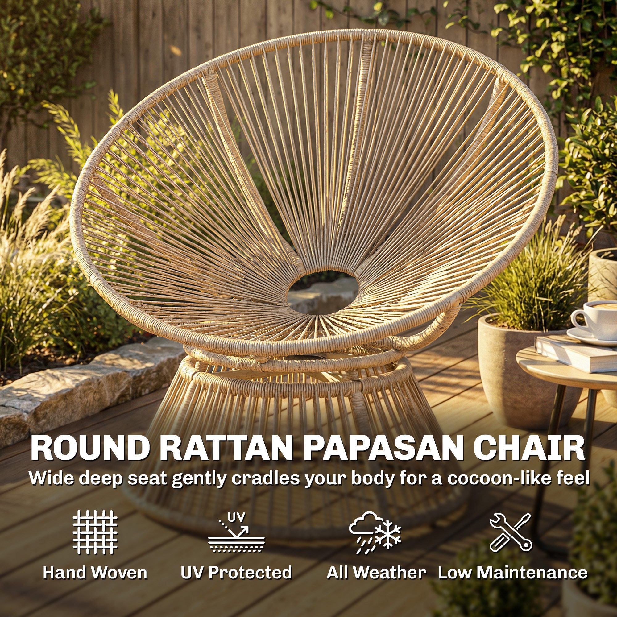 Outsunny Gartensessel runder Rattansessel Loungesessel aus Polyrattan für Wohnzimmer (Korbsessel, 1-St., Papasansessel), Cremeweiß – Bild 5 von 5