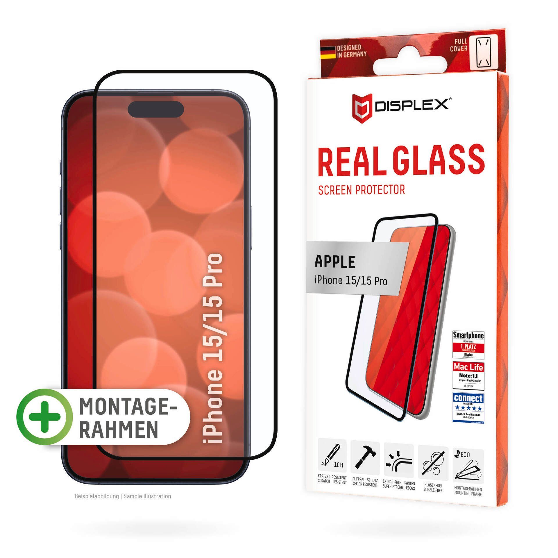 Displex Displayschutzglas Real Glass FC für Apple iPhone 15, Apple iPhone 15 Pro, Displayschutzfolie Displayschutz kratzer-resistent 10H splitterfest